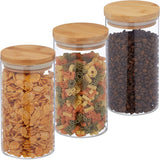 Relaxdays Słoiki do przechowywania z bambusowymi pokrywkami Zestaw 3 okrągłych szklanych słoików 1000 ml Szczelne przezroczyste/naturalne 18x10 cm Pudełka do przechowywania żywności Naty Shop Przezroczysty/naturalny 1000 ml