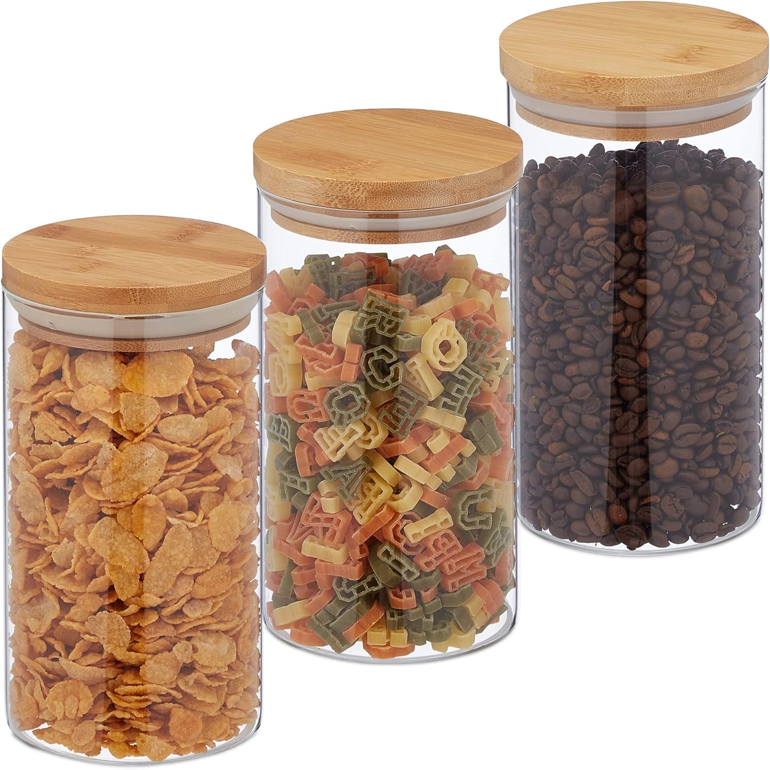 Relaxdays Słoiki do przechowywania z bambusowymi pokrywkami Zestaw 3 okrągłych szklanych słoików 1000 ml Szczelne przezroczyste/naturalne 18x10 cm Pudełka do przechowywania żywności Naty Shop Przezroczysty/naturalny 1000 ml
