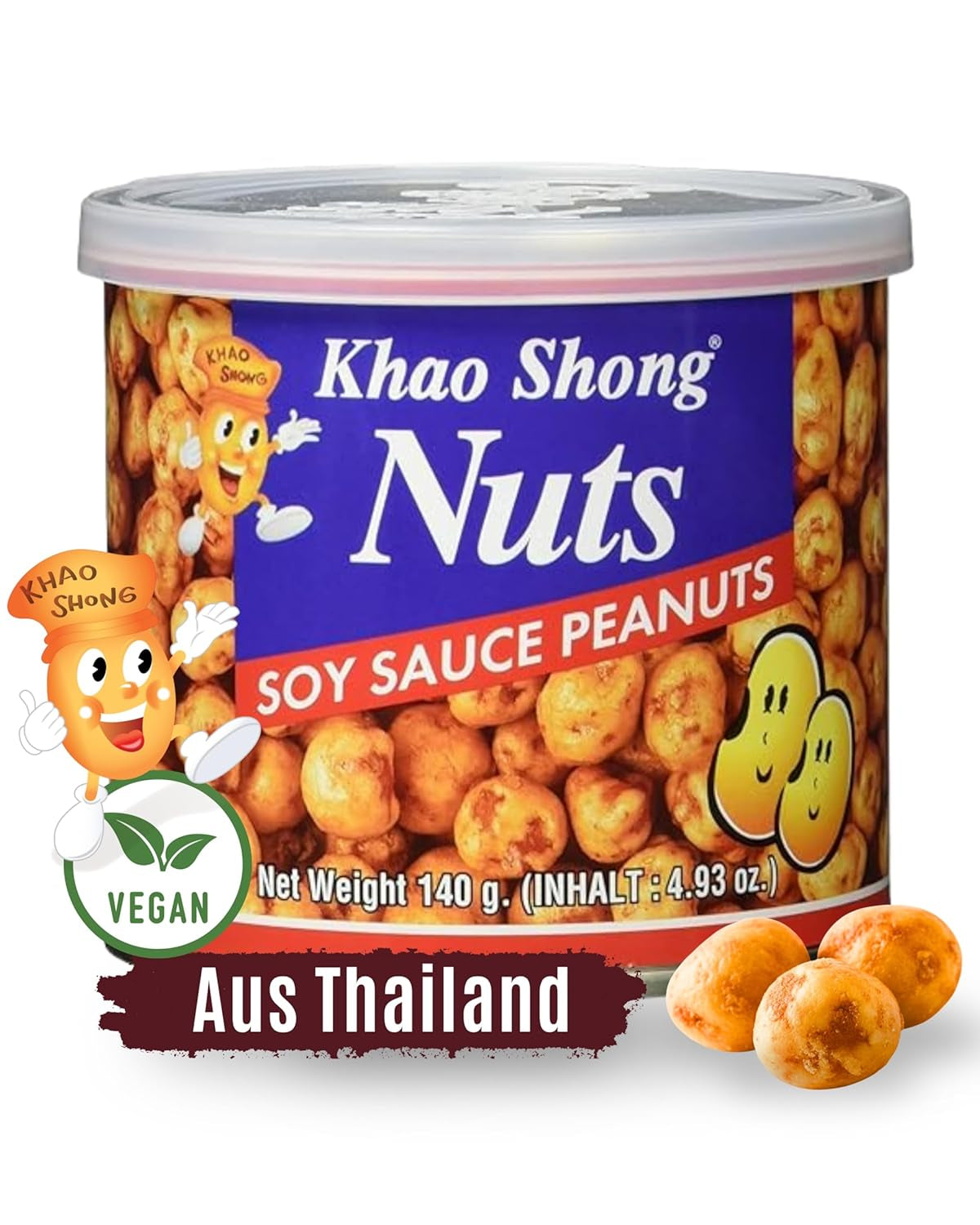 Khao Shong Smażony zielony groszek z wasabi, chrupiący groszek w pikantnej panierce, niskotłuszczowa alternatywa dla orzechów, średnio ostry, puszka 1 140 g | 140 g (1 opakowanie)