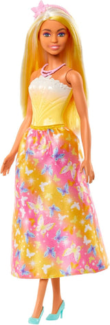 Królewska lalka Barbie z fantazyjnymi włosami i kolorowymi pasmami, kolorowymi dodatkami, gradientowym żółtym topem i spódniczką w kształcie motyla, lalki HRR09 Naty Shop