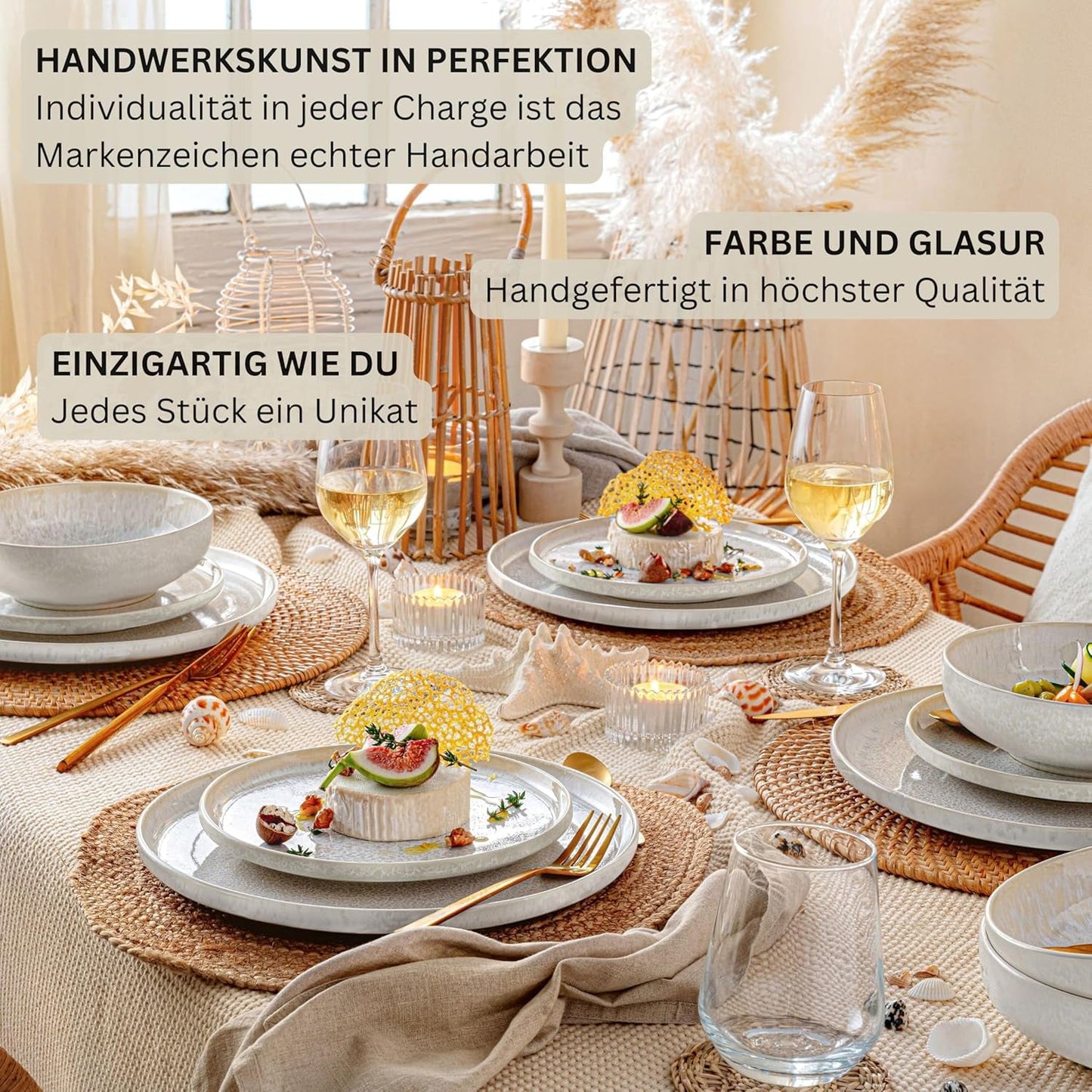 SANGER | 24-częściowy zestaw obiadowy z Korfu Serwis obiadowy na 8 ręcznie robionych ceramicznych zestawów obiadowych obejmujący talerze obiadowe Talerze deserowe i talerze Suma Kremowe naczynia stołowe o piaskowej fakturze