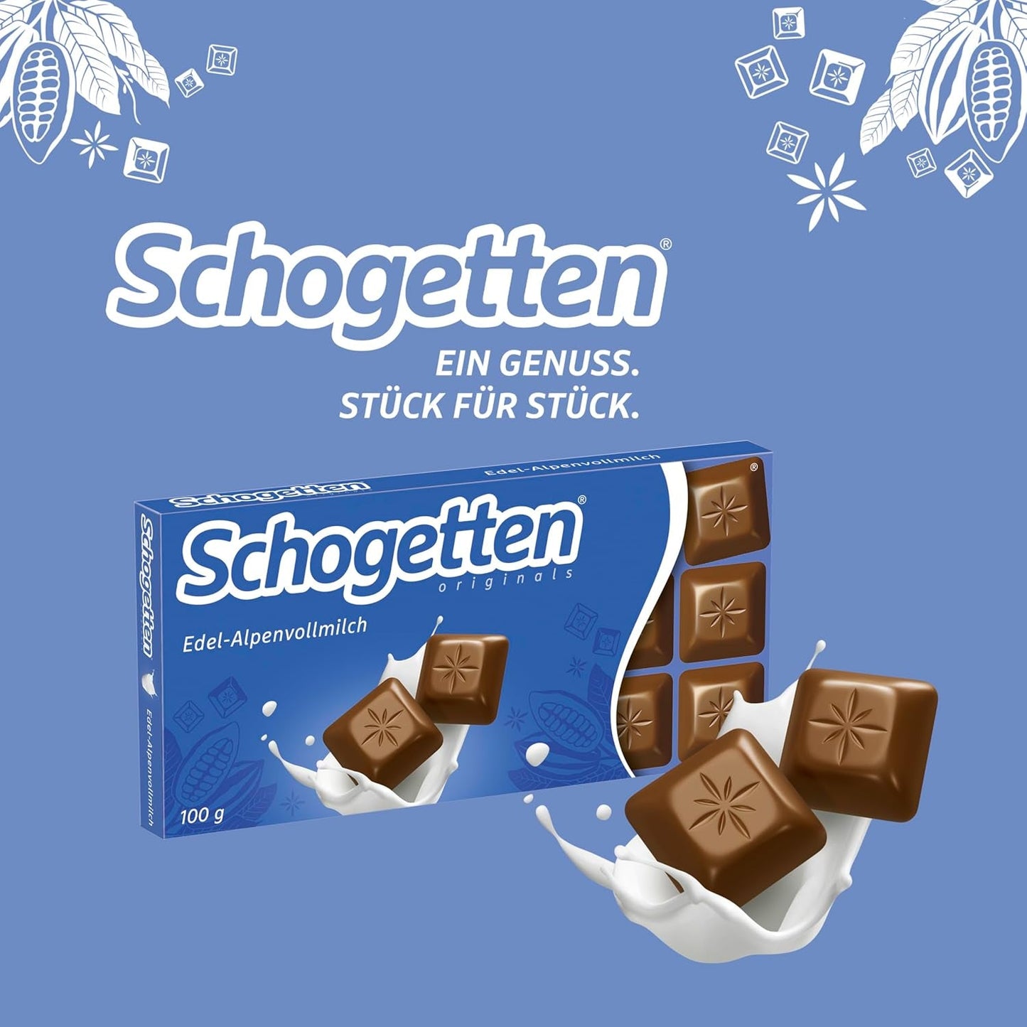 Schogetten Premium Alpine tabliczka mlecznej czekolady, 100g, pojedynczo porcjowana. Rozkosz. Kawałek po kawałku.