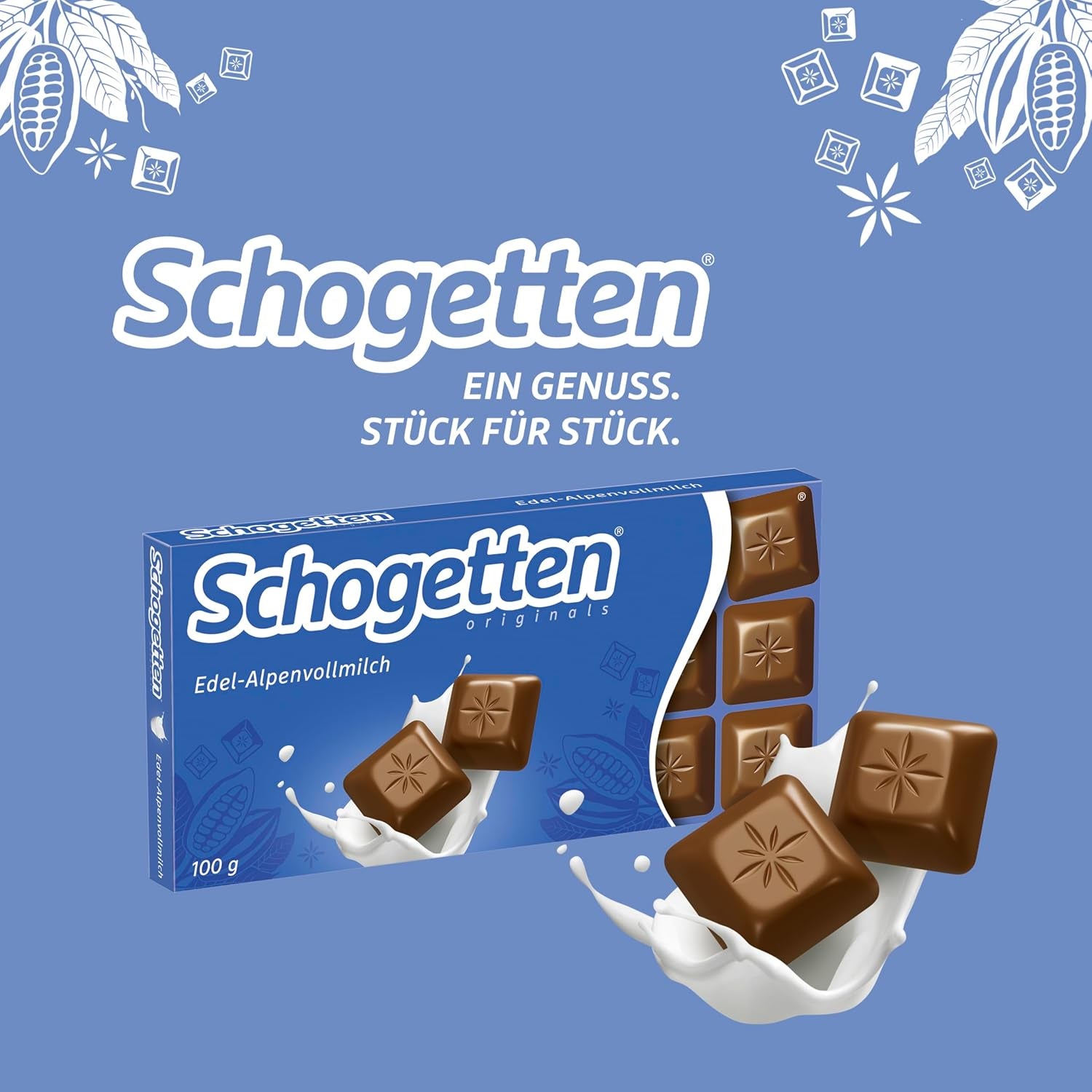 Schogetten Premium Alpine tabliczka mlecznej czekolady, 100g, pojedynczo porcjowana. Rozkosz. Kawałek po kawałku.