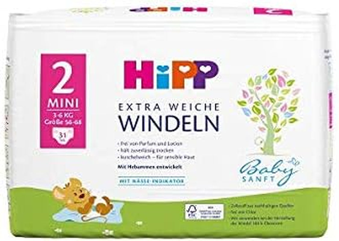HiPP Babysanft mini pieluszki rozmiar 2 w opakowaniu na 2 tygodnie (124 pieluszki)