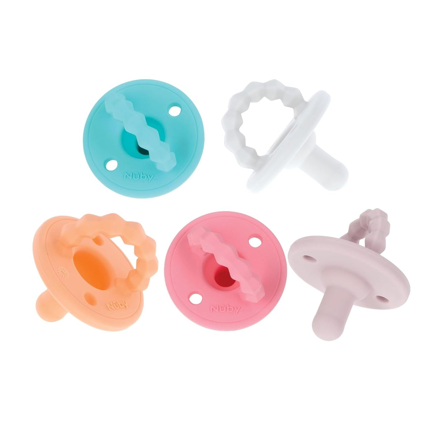 Nuby – Zestaw 5 miękkich silikonowych smoczków ortodontycznych i smoczków | 3 modele na dzień i na noc | 2 modele świecące w ciemności | Bez BPA | Kształt przypominający pierś | Przez 18-36 miesięcy