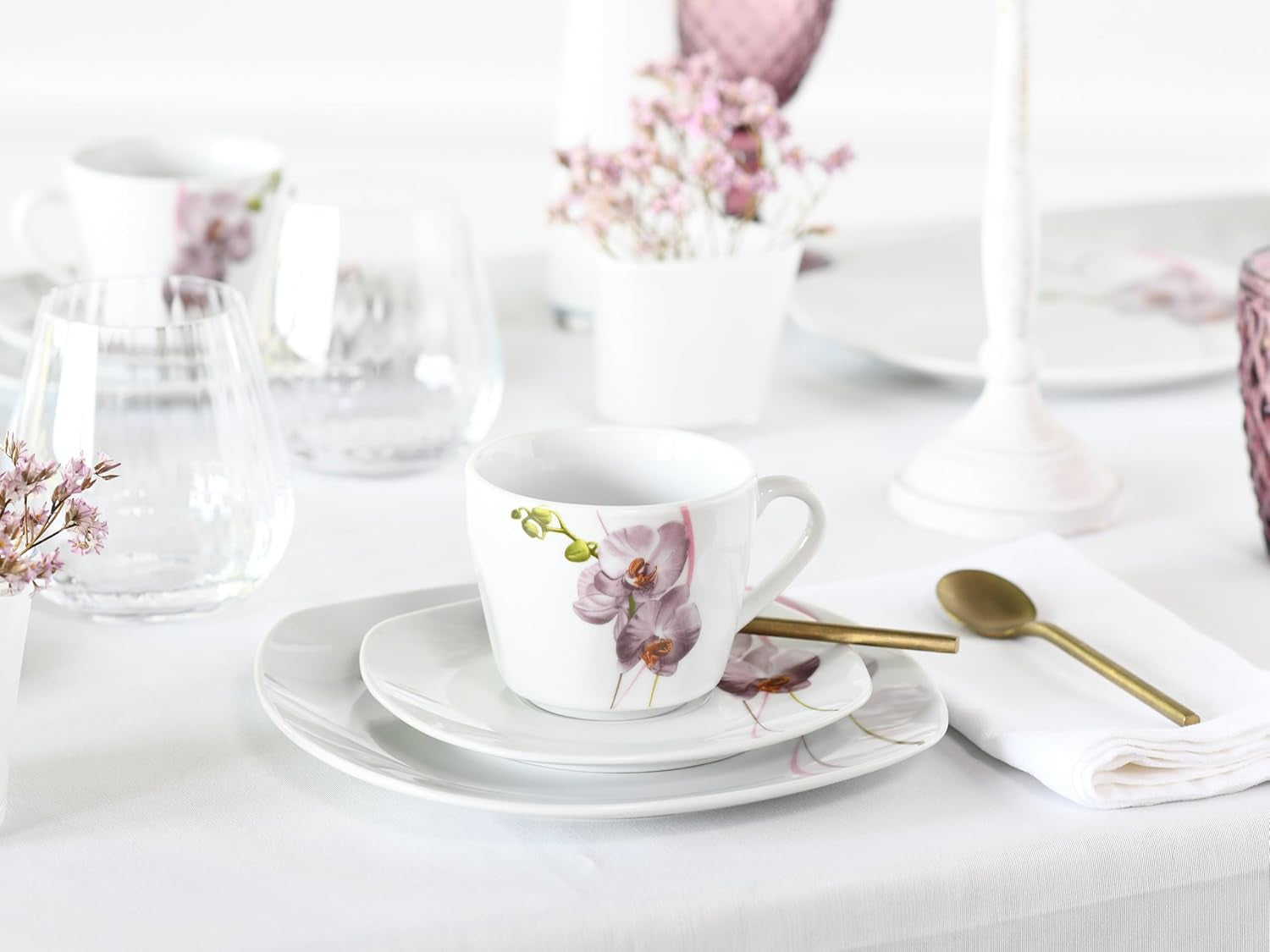 CreaTable, 24024, seria Square Orchid, 18-częściowy zestaw naczyń obiadowych dla 6 osób, porcelanowy serwis do kawy, można myć w zmywarce i używać w kuchence mikrofalowej, jakość produkcji