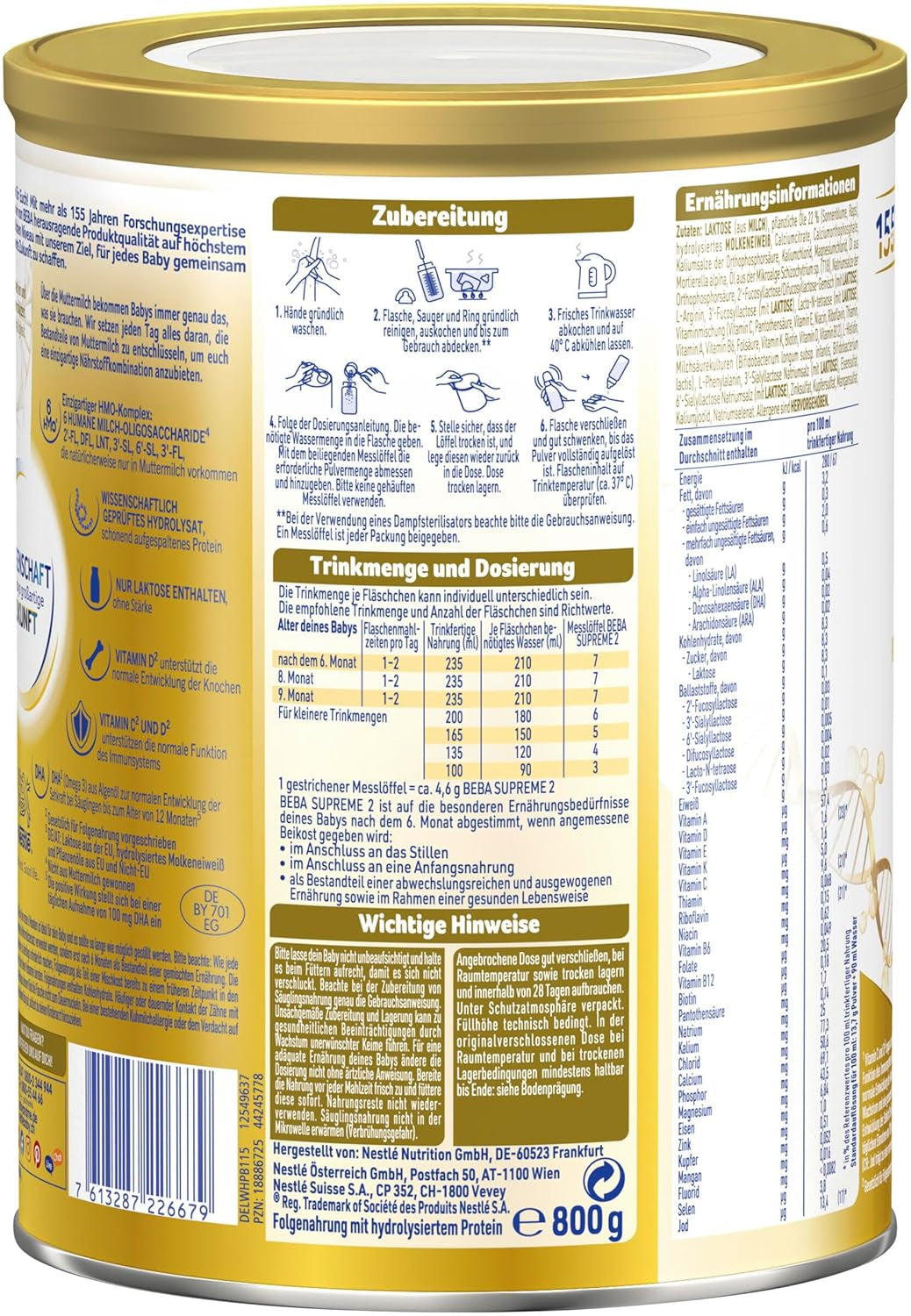 BEBA SUPREME 2 Mleko następne po 6 miesiącu, tylko laktoza, bez oleju palmowego, opakowanie 6 szt. (6 x 800 g) Naty Shop