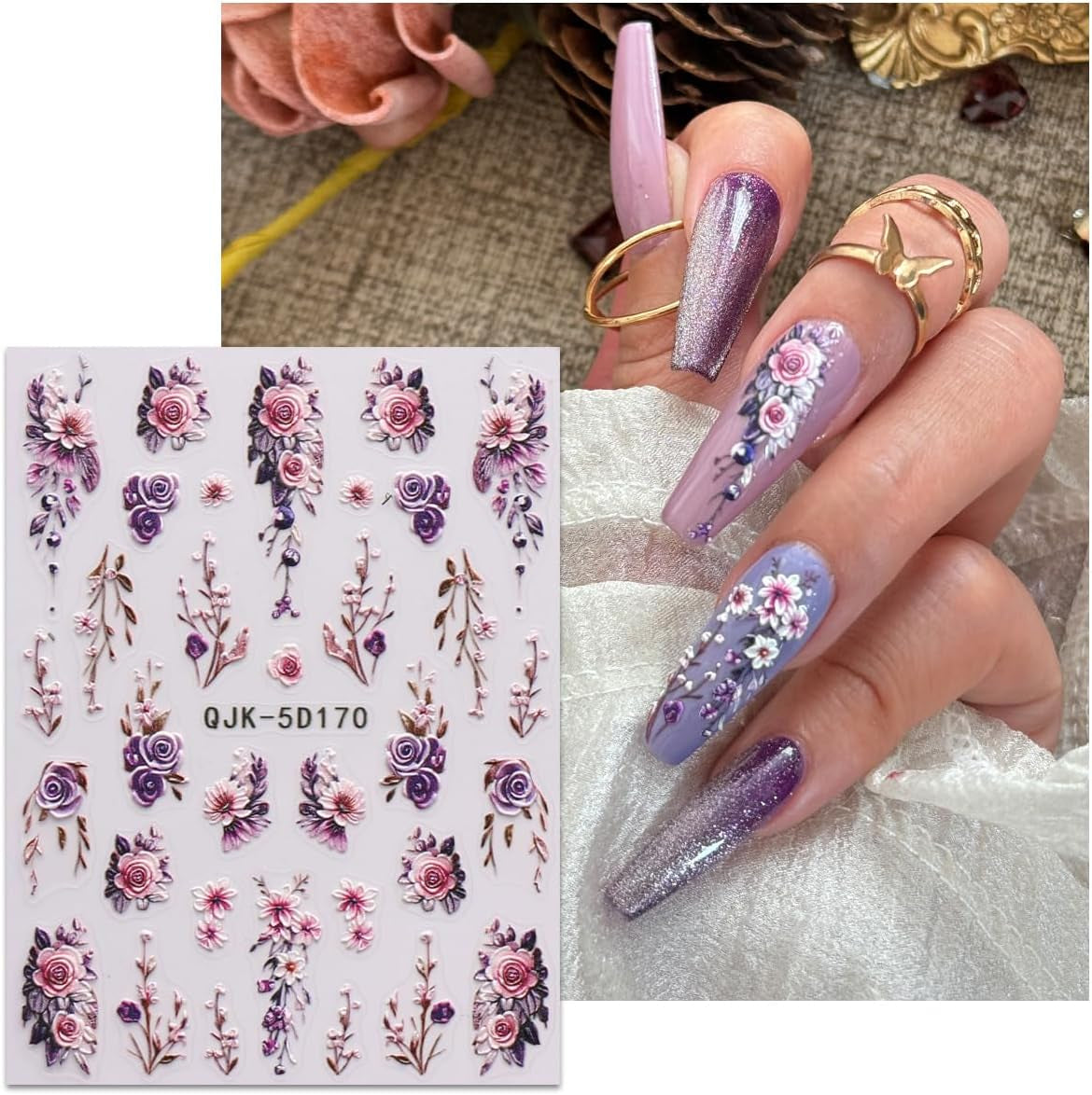 JMEOWIO 3D Nagelsticker Blumen Nail Art Naklejka Selbstklebend Nagelaufkleber 5D Stereoskopisch Frühling Sommer Dekoration Nageldesign Zubehör 4 Blatt