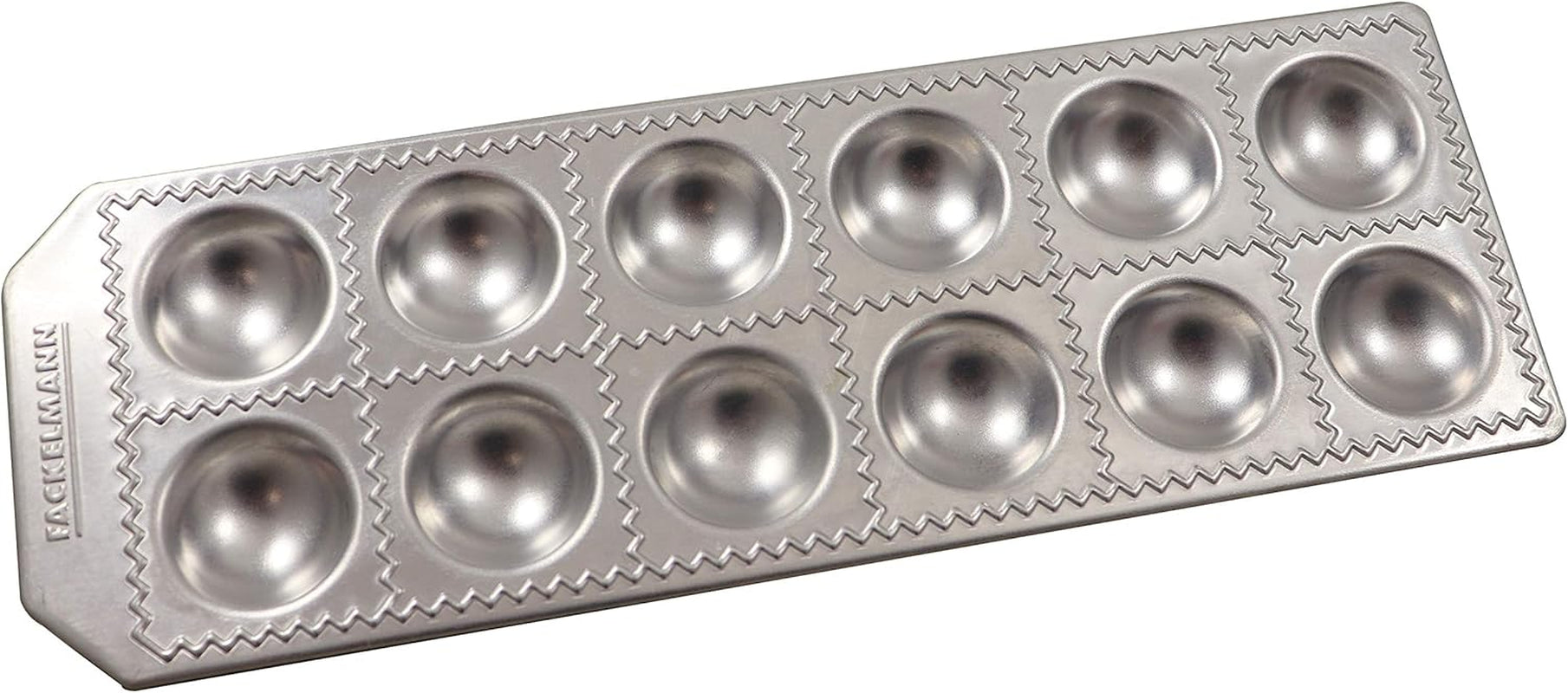 Fackelmann 40926 Domowa forma do ravioli, okrągły kształt, 12 wnęk, 34 x 11,5 x 2 cm, Sybaris, (kolor: srebrny), Ilość: 1 sztuka, aluminium