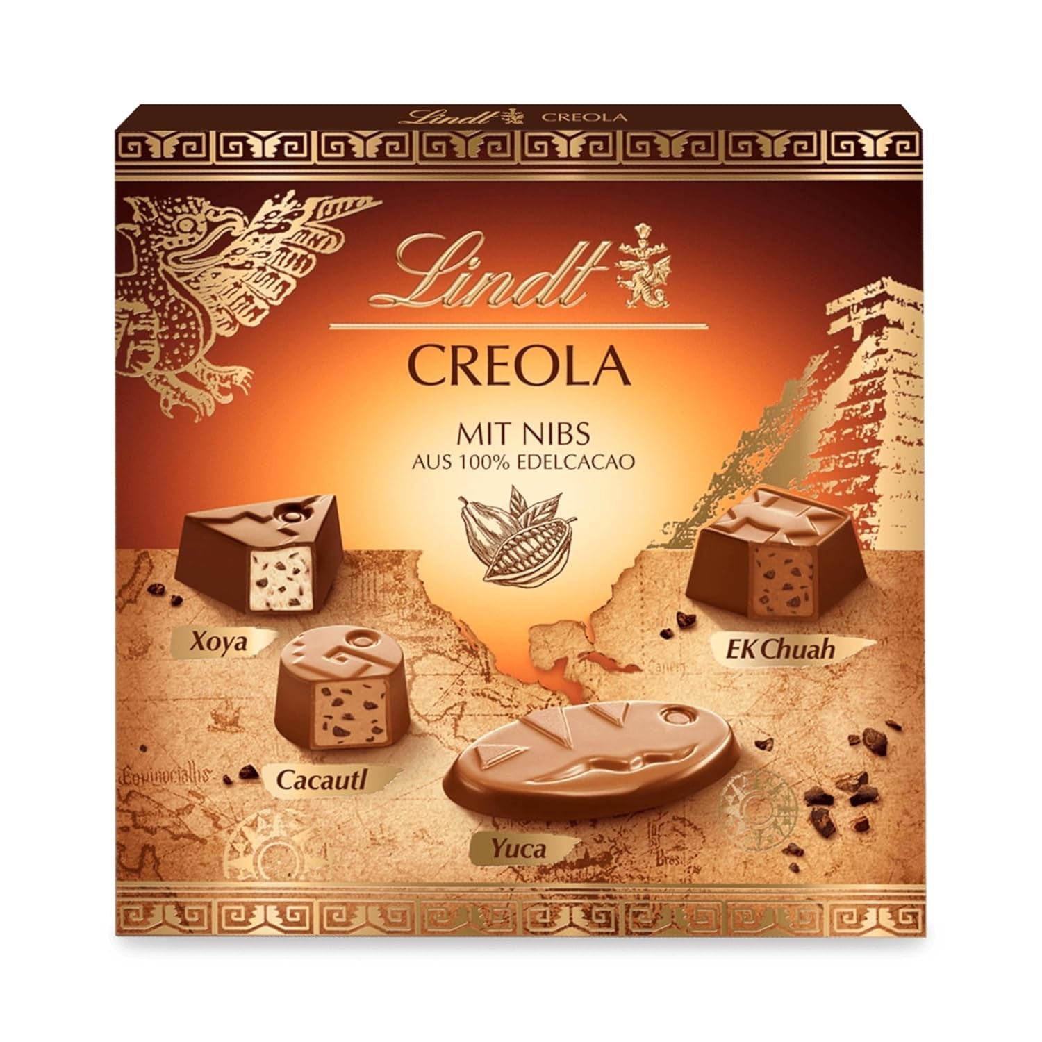 Czekolada Lindta | Pudełko na praliny kreolskie | 165g | 15 pralinek w 4 pysznych odmianach, wyprodukowanych w 100% z delikatnego kakao, bez alkoholu | Zestaw upominkowy z czekoladą
