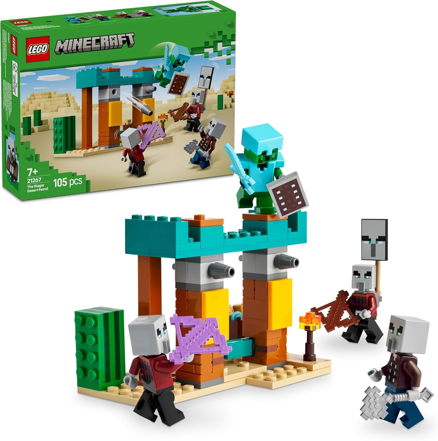 Zestaw gier wideo LEGO Minecraft The Illager Desert Patrol dla dzieci, minizabawka Outpost i trzy minifigurki, w tym grabieżca, sługa i rycerz-kaktus 21267 Zestawy do budowania Besuche den LEGO-Store Default Title
