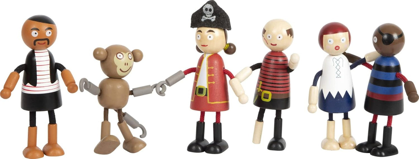 Małe elastyczne drewniane lalki piratów, 5 piratów i 1 małpa, szczegółowe i elastyczne, w wieku 3+, 12412