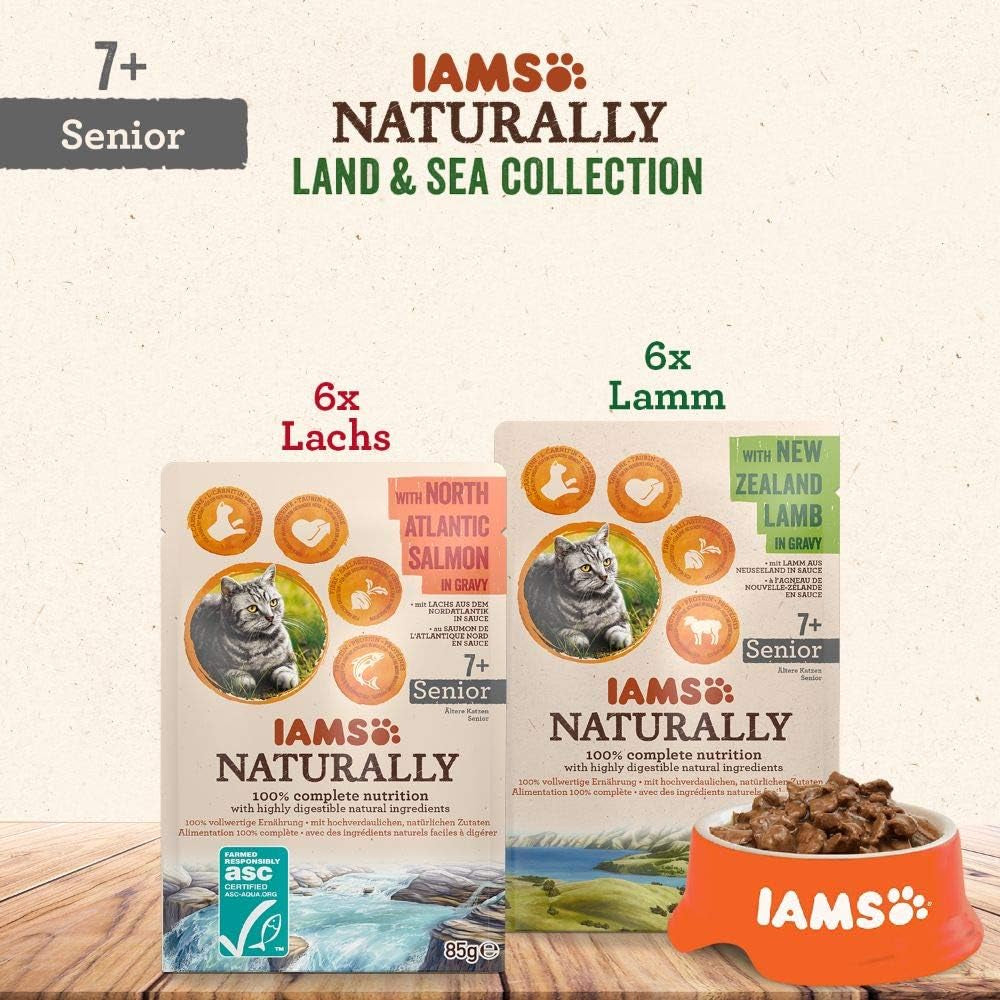 IAMS Naturally Senior Mokra karma w sosie - Wysokiej jakości mokra karma mięsno-rybna dla starszych kotów, Land & Sea Collection, 12 x 85g