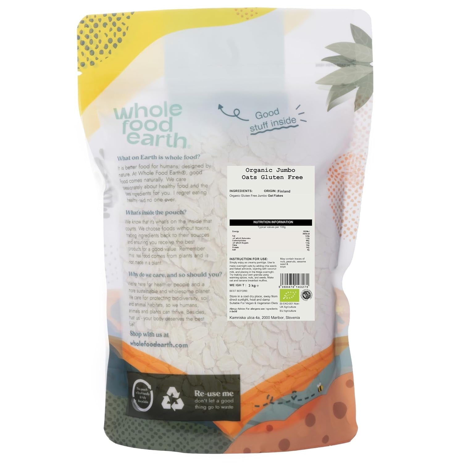 Wholefood Earth Organiczne płatki owsiane Jumbo, bezglutenowe – 3 kg | Bez GMO | wegańskie | Bogaty w błonnik | Certyfikowane organiczne
