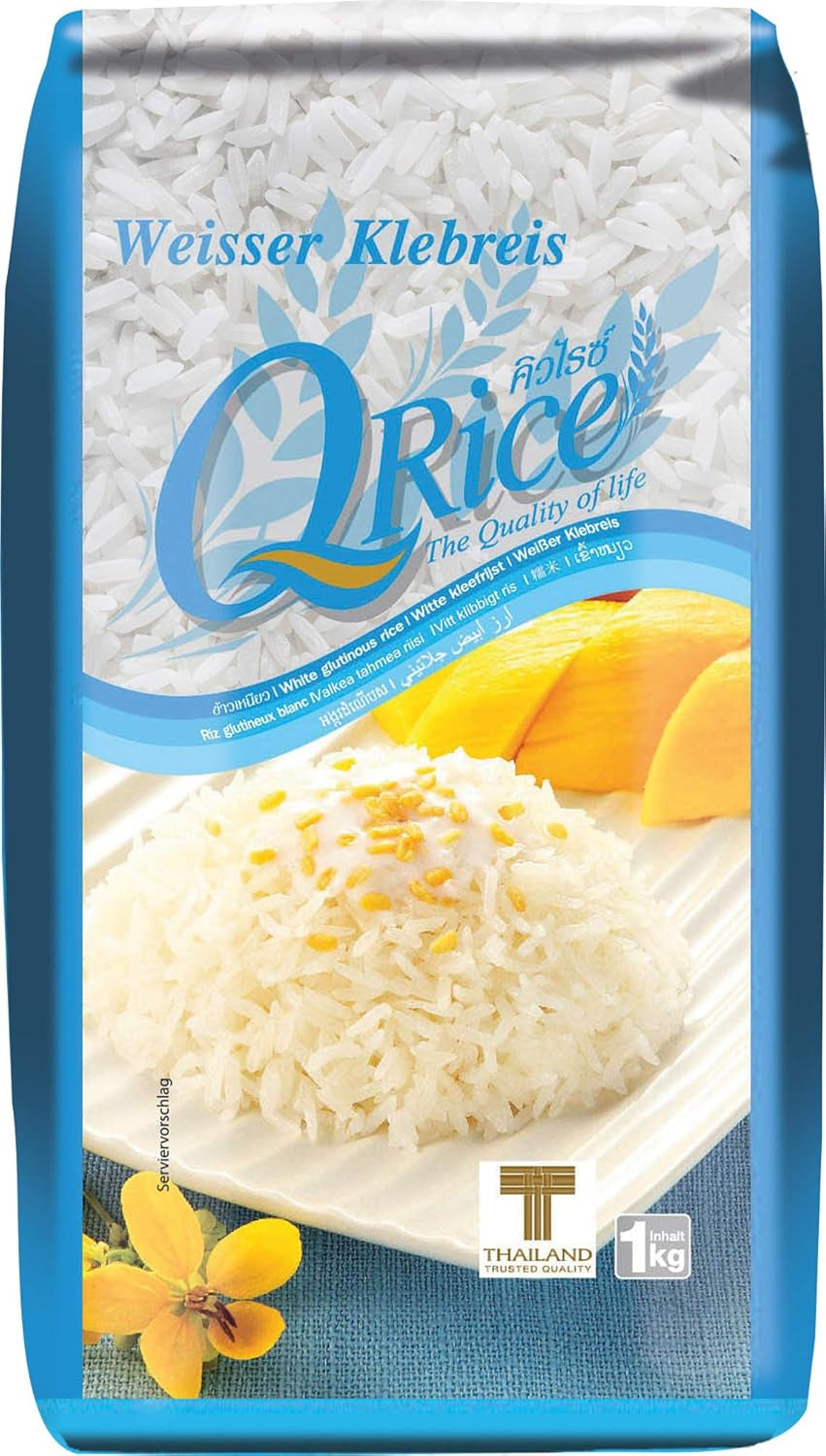 Q RYŻ | Weißer Klebreis Langkorn z Tajlandii | Aromatisch mit klebriger Textur | Idealny do curry, sushi, mochi lub puddingu ryżowego 1 x 1 kg