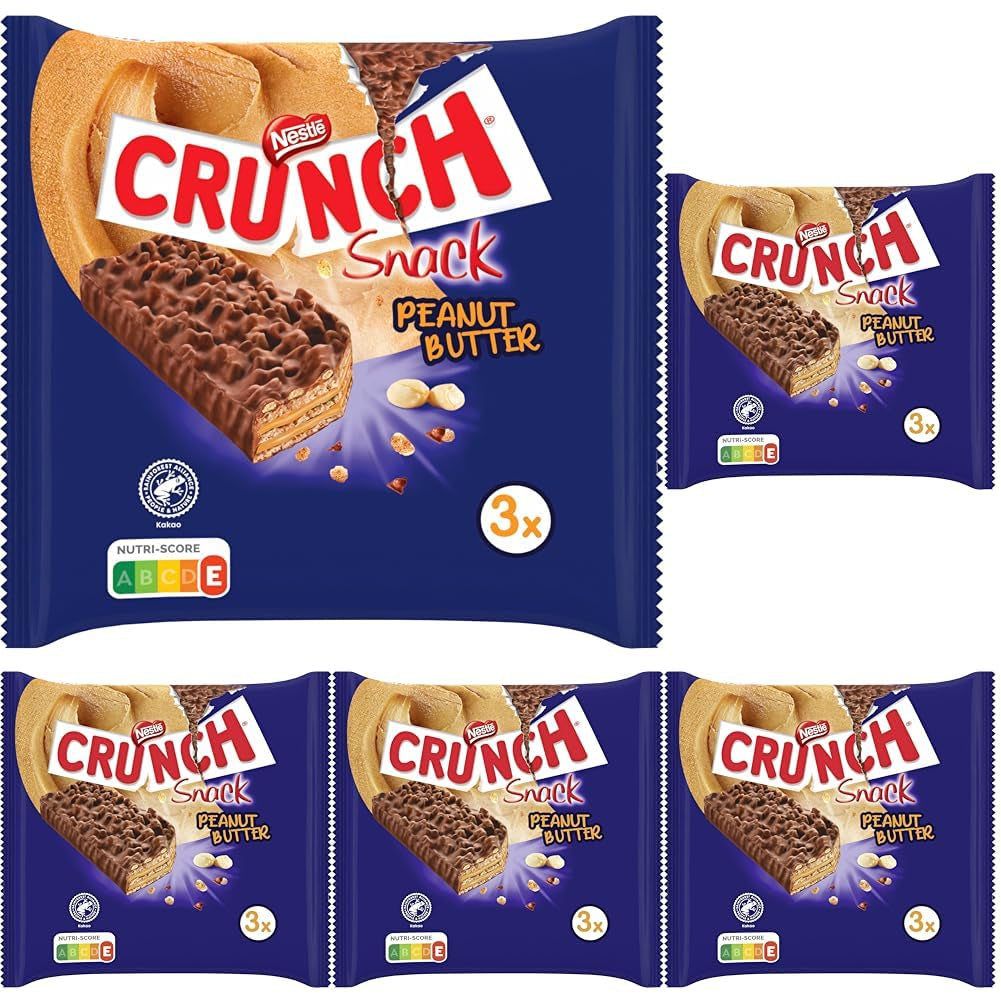 Nestlé Batoniki z masłem orzechowym Chrupiące batoniki z masłem orzechowym i płatkami czekoladowymi, 5 opakowań (3 x 31 g każdy)