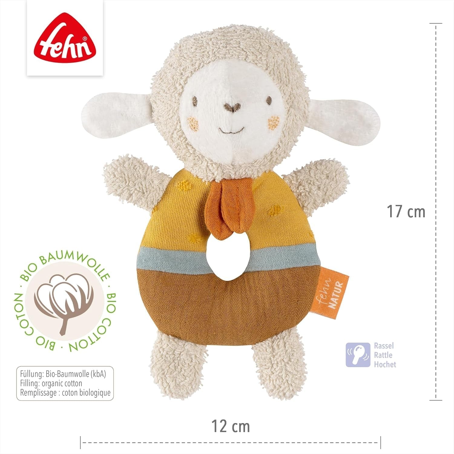Fehn baby ring ring zabawka owieczka fehnNATUR - pluszowa zabawka z bawełną organiczną - zabawka dla dziecka z dzwonkiem i zabawną zabawką edukacyjną - zabawka na uchwyt dla niemowląt i małych dzieci od 0. miesiąca Baby Toys Naty Shop
