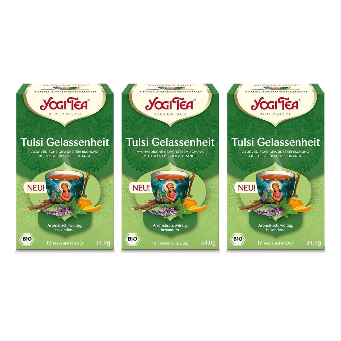 Herbata Yogi - Tulsi Serenity Organiczna ziołowa herbata ajurwedyjska Naturalna mieszanka Tulsi bez kofeiny „Święta” bazylia, lukrecja i pomarańcza Herbata Yogi 3 opakowania 3X17 torebek na herbatę (51 torebek na herbatę)