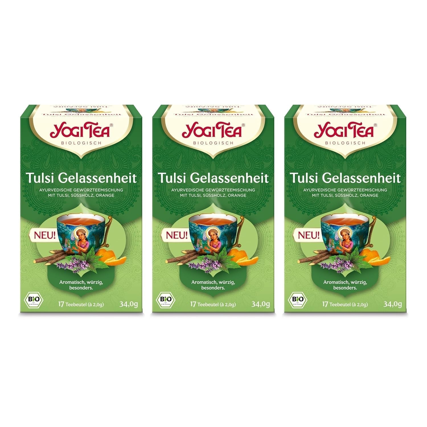 Herbata Yogi - Tulsi Serenity Organiczna ziołowa herbata ajurwedyjska Naturalna mieszanka Tulsi bez kofeiny „Święta” bazylia, lukrecja i pomarańcza Herbata Yogi 3 opakowania 3X17 torebek na herbatę (51 torebek na herbatę)