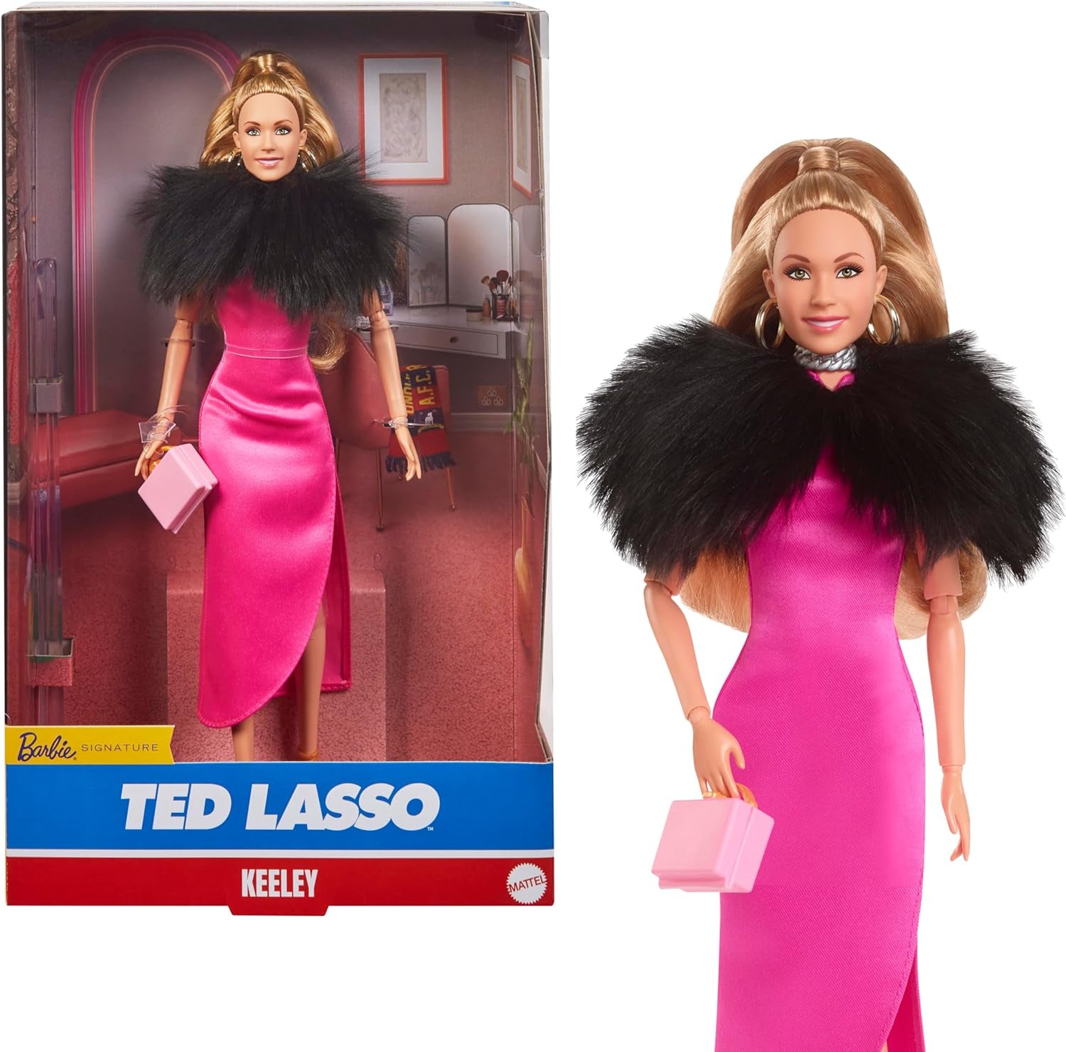 BARBIE Keeley Jones - lalka kolekcjonerska inspirowana Tedem Lasso, gorąca różowa jedwabna sukienka midi, złote szpilki, czarna peleryna, złote kolczyki koła, różowa torba, dla dzieci w wieku 3+, HJW92