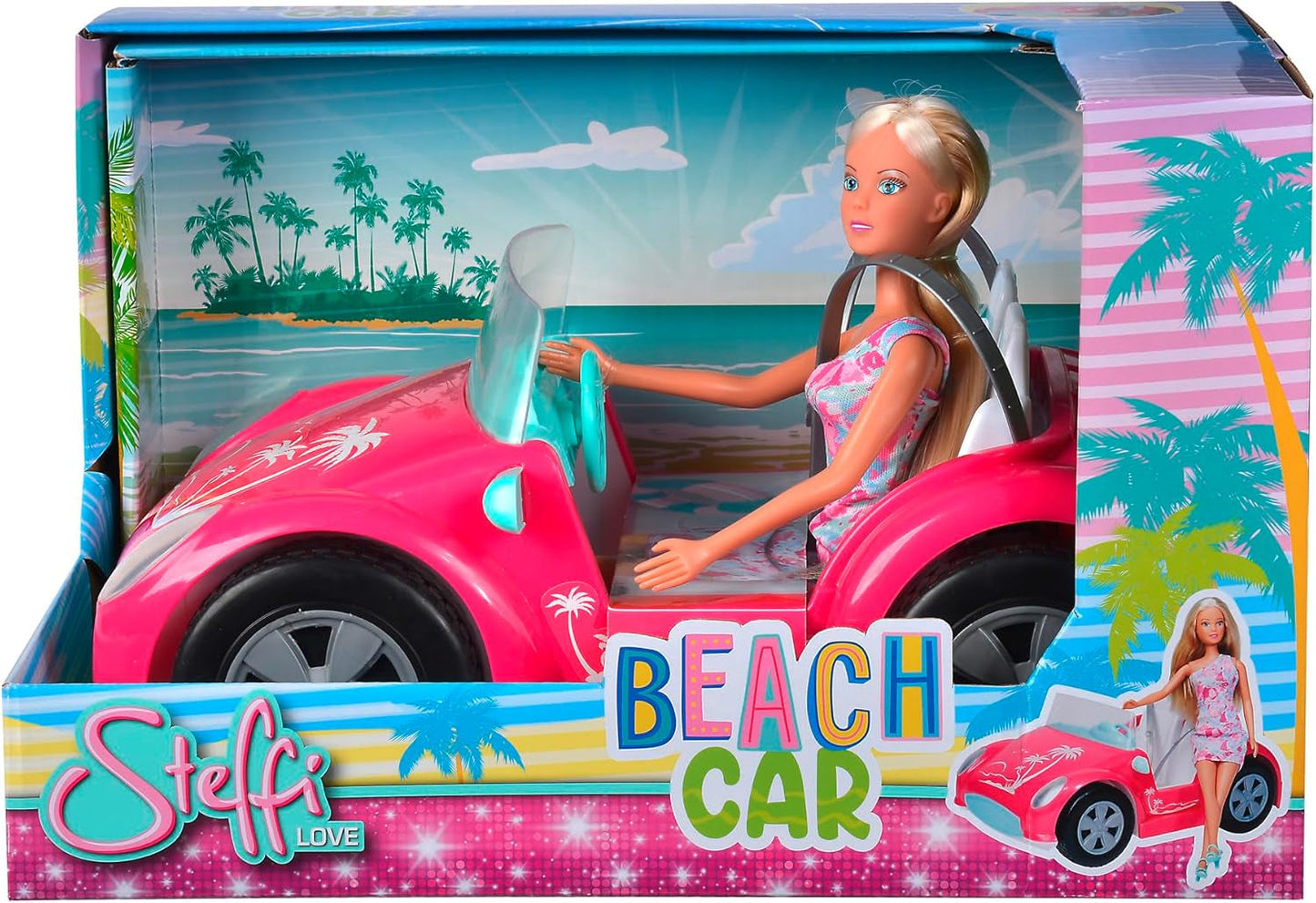 Simba Steffi Love Beach Car Lalka w fajnym letnim stroju z wózkiem plażowym 29 cm, wiek 3+