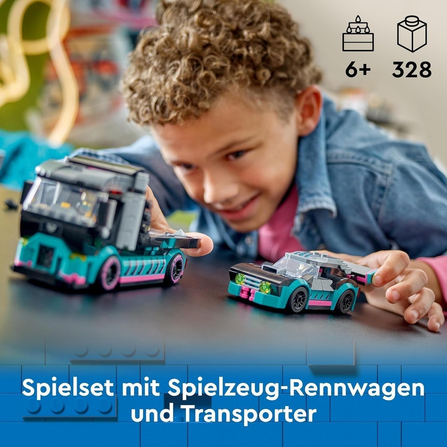 LEGO City Transporter samochodów z samochodem wyścigowym, zabawkową ciężarówką z regulowaną rampą załadunkową i samochodem wyścigowym, zestaw do budowania zawierający 2 minifigurki, kierowcę wyścigowego i kierowcę ciężarówki, dla dzieci od 6 lat 60406 Zestawy do budowania Besuche den LEGO-Store
