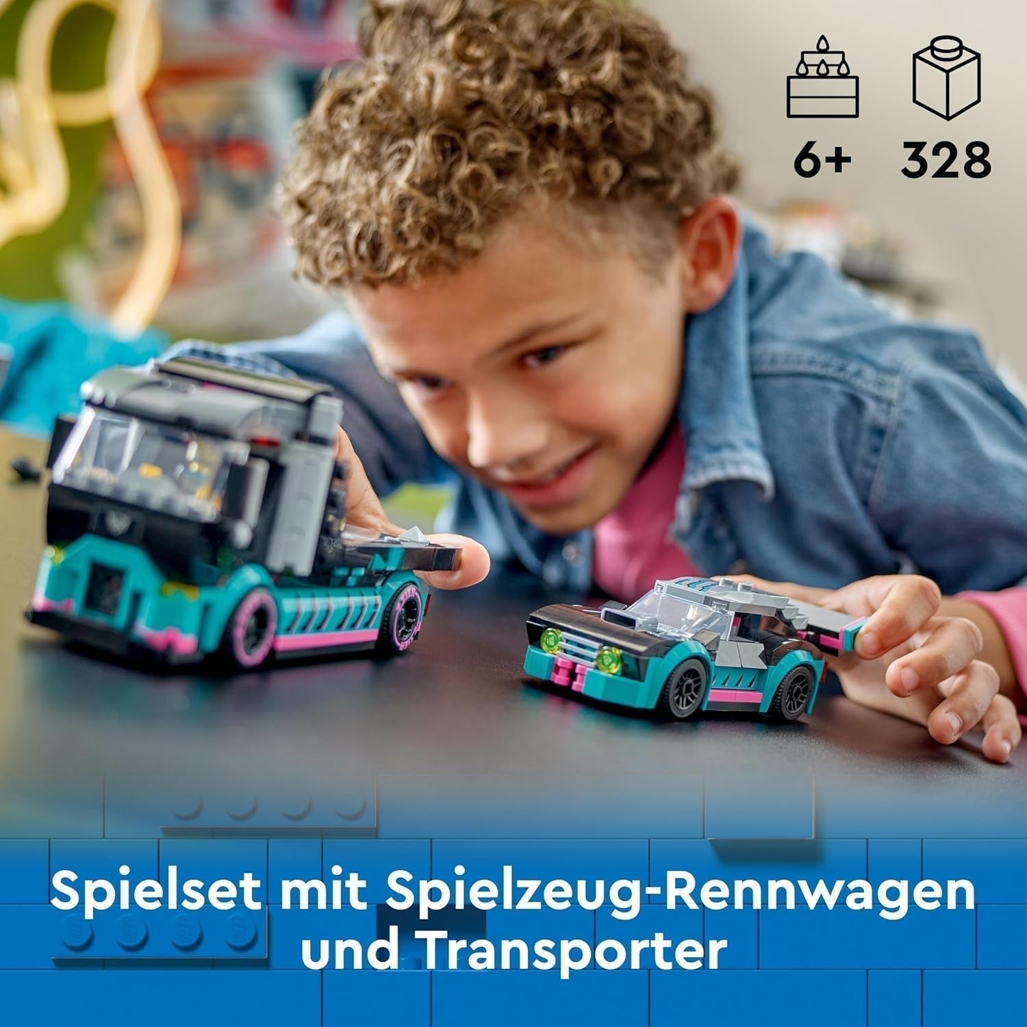 LEGO City Transporter samochodów z samochodem wyścigowym, zabawkową ciężarówką z regulowaną rampą załadunkową i samochodem wyścigowym, zestaw do budowania zawierający 2 minifigurki, kierowcę wyścigowego i kierowcę ciężarówki, dla dzieci od 6 lat 60406 Zestawy do budowania Besuche den LEGO-Store