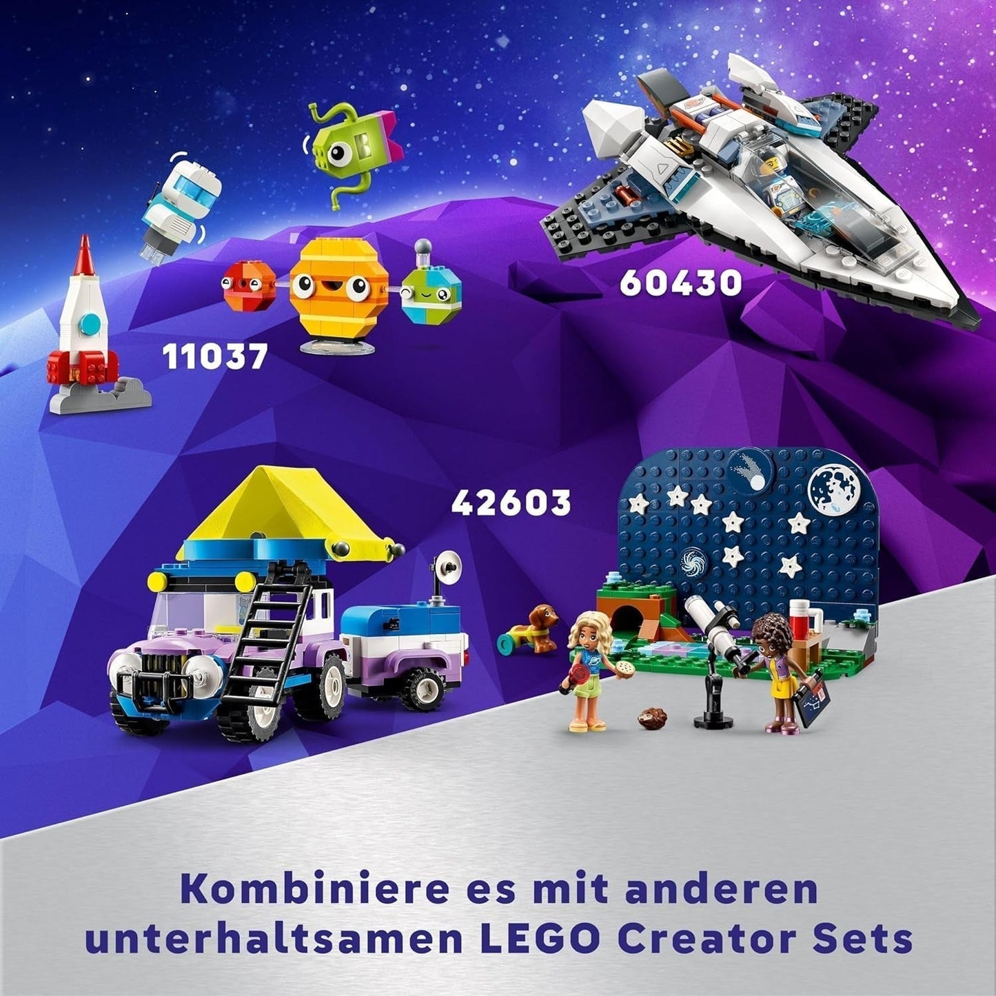 Zestaw pojazdów kempingowych LEGO Friends Stargazer z pojazdem terenowym i zabawkowym teleskopem, prezent dla dziewcząt i chłopców od 7 lat, zawiera figurki Nova, Aliya i psa 42603 Zestawy do budowania Besuche den LEGO-Store
