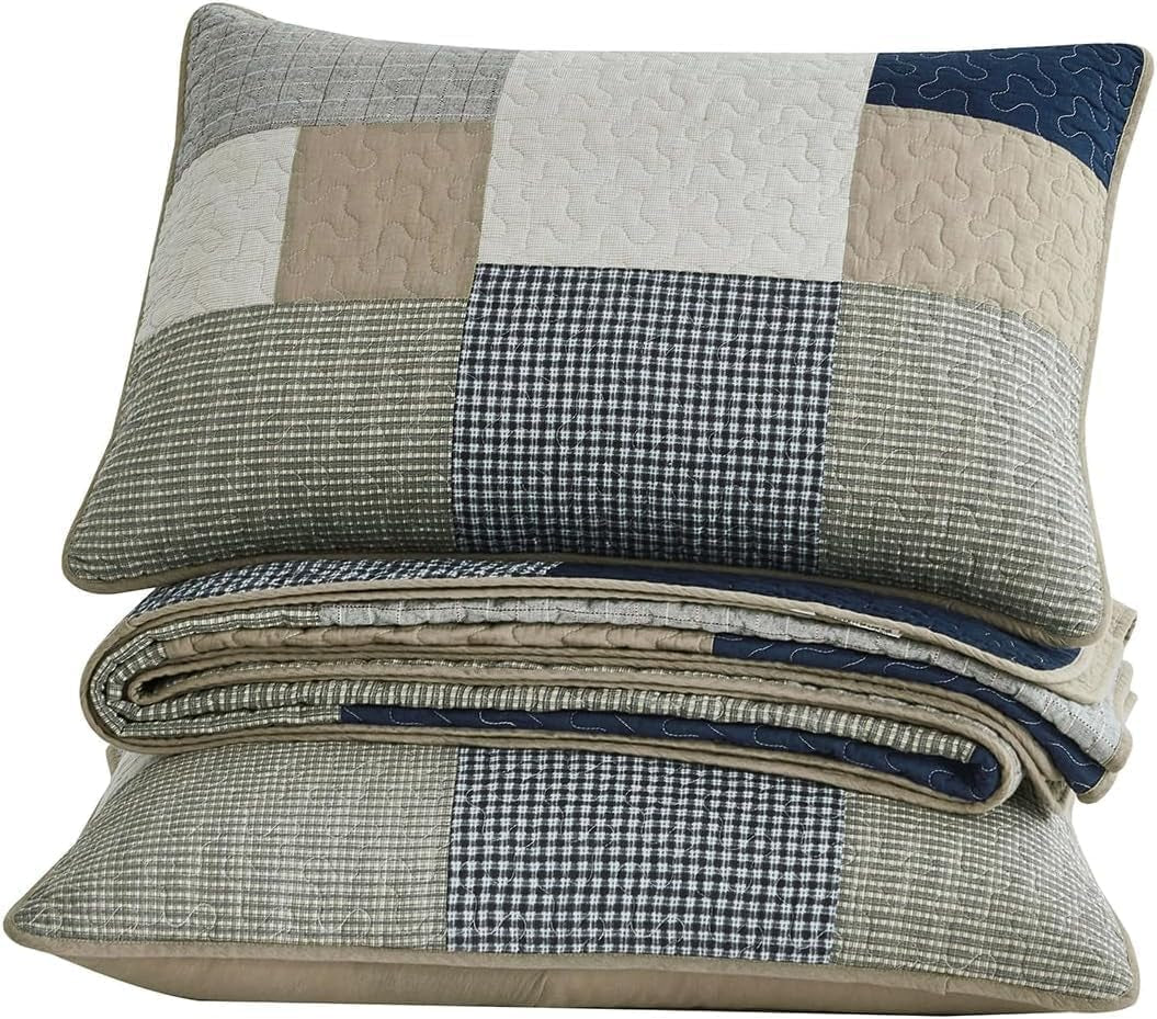 Kolekcja Chezmoi Addy Zestaw patchworkowych kołder Wstępnie prana bawełna Lekki Dwustronny Na każdy sezon Ponadgabarytowy 3 elementy Granatowo-biało-szary ciemnoszary Plaid Kołdry i kołdry Naty Shop