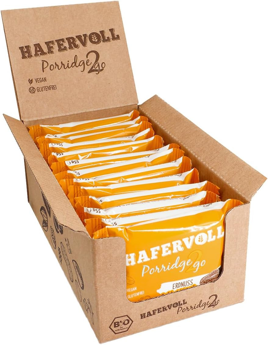 Hafervoll Porridge2go Masło orzechowe i orzechy, 13 batonów x 55 g - wegańska, organiczna, bezglutenowa, bez dodatku cukru przekąska, z owsem, daktylami i cukierkami Quinoa
