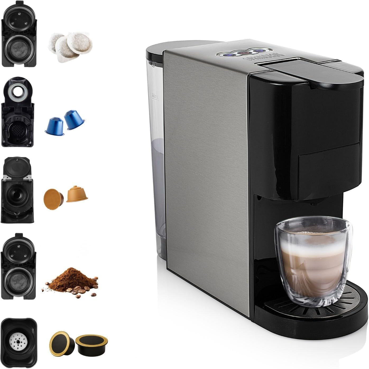 Wielokapsułkowy ekspres do kawy Princess 5 w 1 - kompatybilny z podkładkami Nespresso, Dolce Gusto, Lavazza a Modo Mio i ESE, pojemność 0,8 l, 1450 W, srebrny, czarny