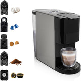 Wielokapsułkowy ekspres do kawy Princess 5 w 1 - kompatybilny z podkładkami Nespresso, Dolce Gusto, Lavazza a Modo Mio i ESE, pojemność 0,8 l, 1450 W, srebrny, czarny