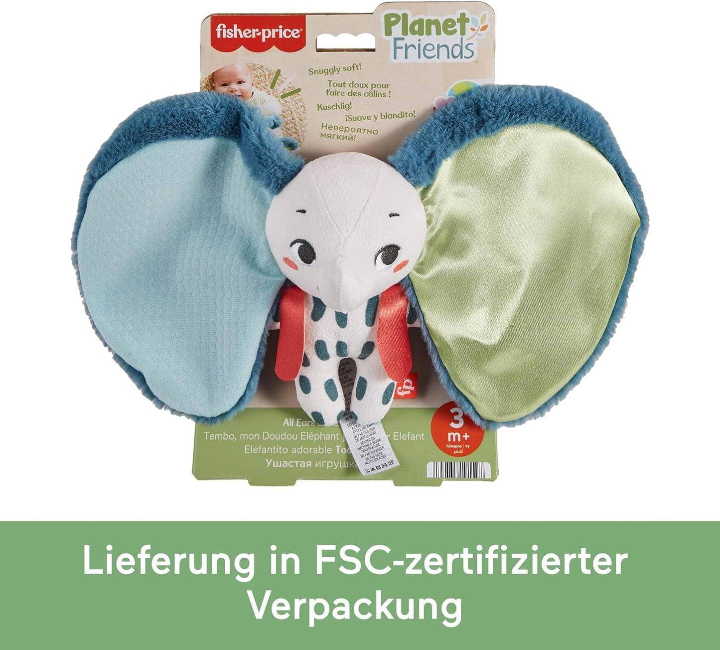 Fisher-Price Giant Ear Elephant - Urocza miękka pluszowa zabawka z bardzo dużymi uszami, wykonana w 90% z plastiku pochodzącego z recyklingu i z opakowania z certyfikatem FSC, dla dzieci od 3 miesiąca życia, HKD63 Bebe Toys Naty Shop