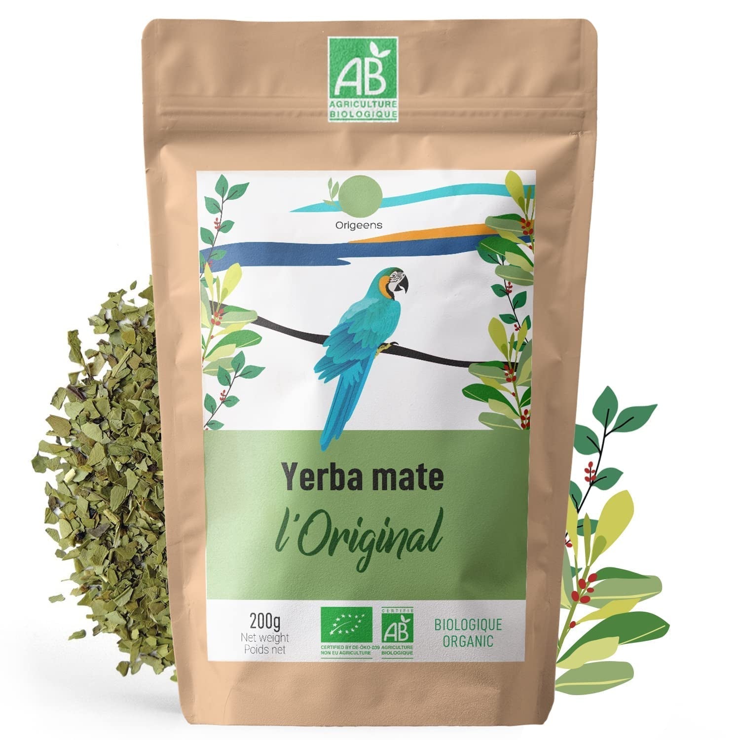 ORIGEENS BIO YERBA MATE TEA 200G - Oryginalna I Bio Yerba Mate niepalona, ​​liście, bez łodyżek, pyłu i okruszków I Napój energetyzujący i detoksykujący