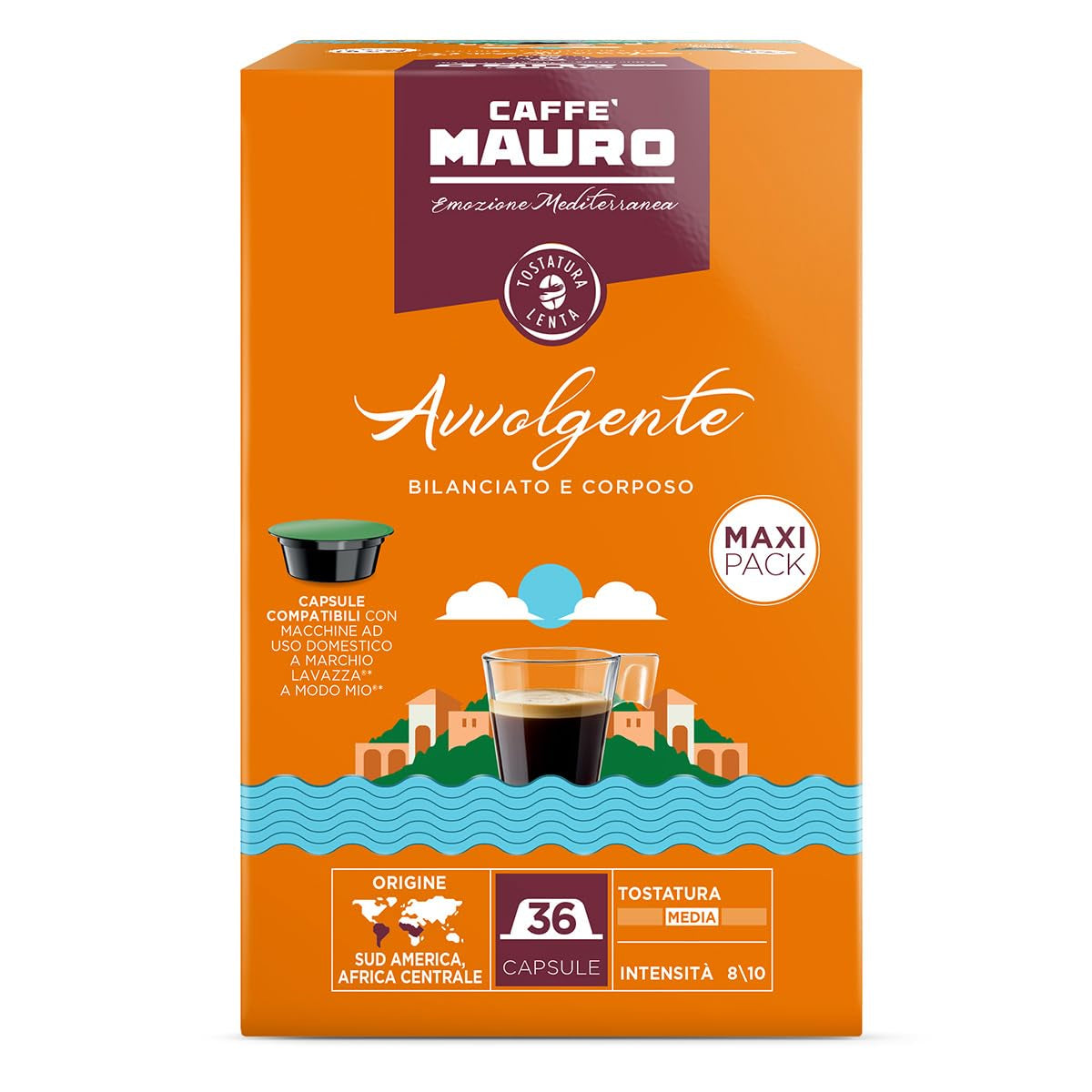Caffè Mauro Torrefazione Kaffeekapseln Espresso Avvolgente, Intensität 8/10-144 Kapseln Kompatybilny z Kaffeemaschinen der Marke Lavazza* A Modo Mio*, 144 Stück, Hergestellt in Italy