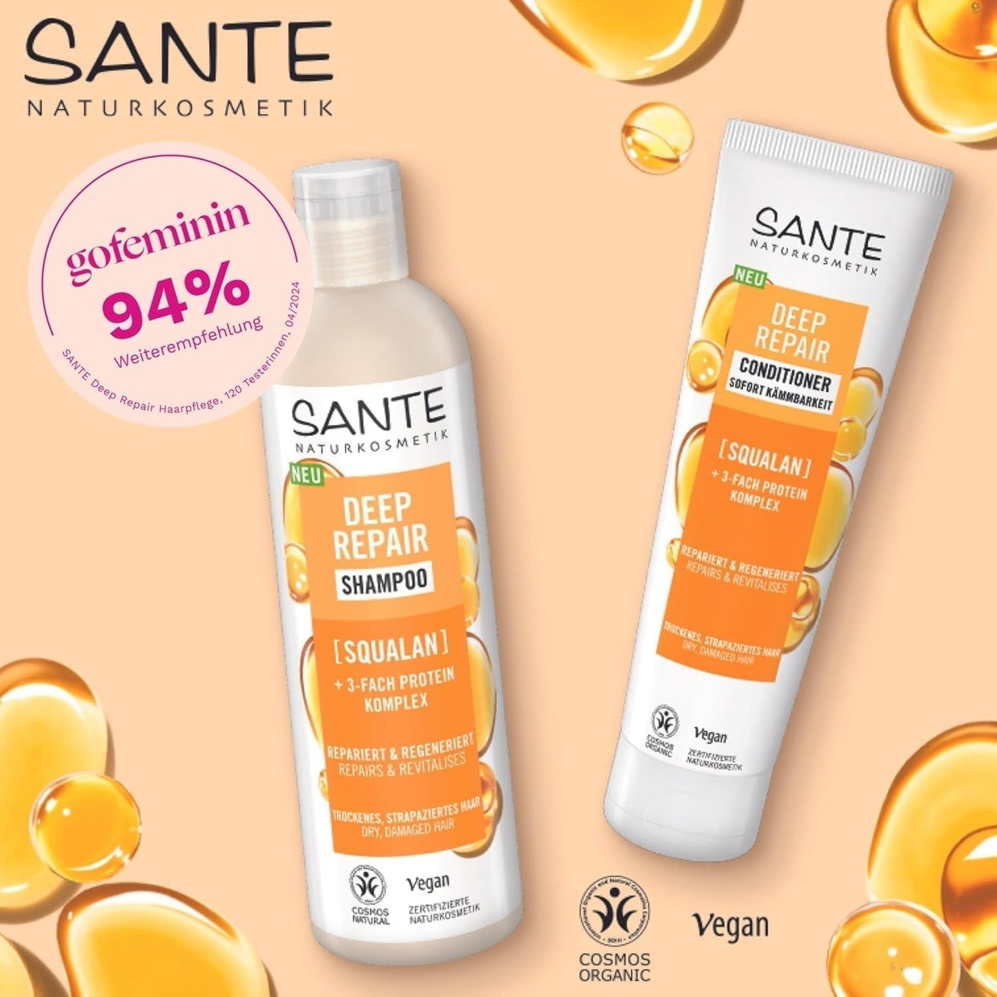 SANTE Natural Cosmetics Deep Repair Mask Skwalan + 3x kompleks białek, wegańska maska do włosów intensywnie nawilżająca i elastyczna, naprawia i regeneruje zniszczone włosy, 150 ml Naty Shop Hair Mask