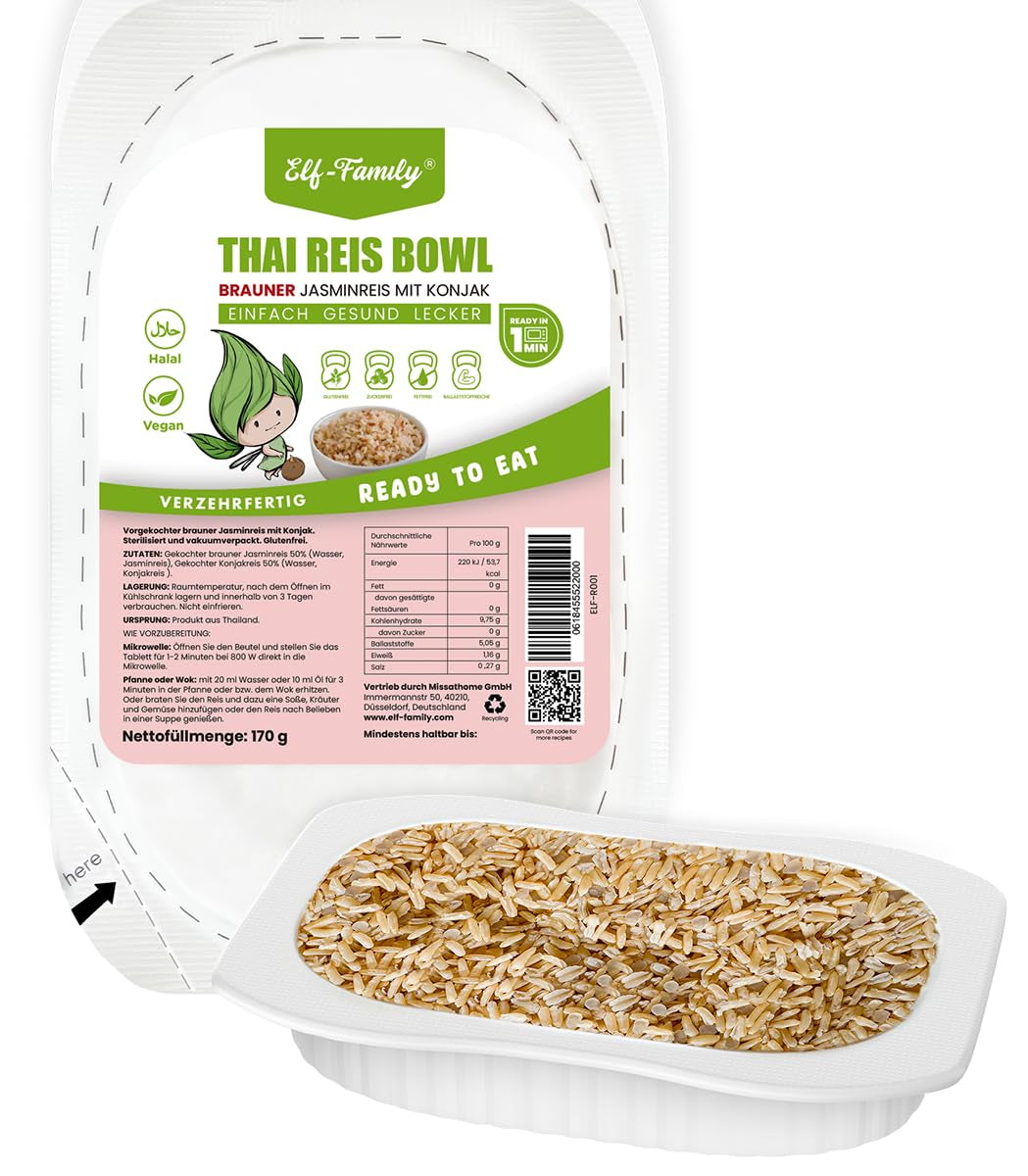 Rodzina Elfów Konjak Reis Thai Brauner Shirataki Bowl - [Diätbox für 1 Wo.] - Instant Jasmin Reis - Fertiggerichte für Mikrowelle - Natürlich Superfoods Mikronährstoffe - Vegan/Low Carb/Fettfrei - 6er Box