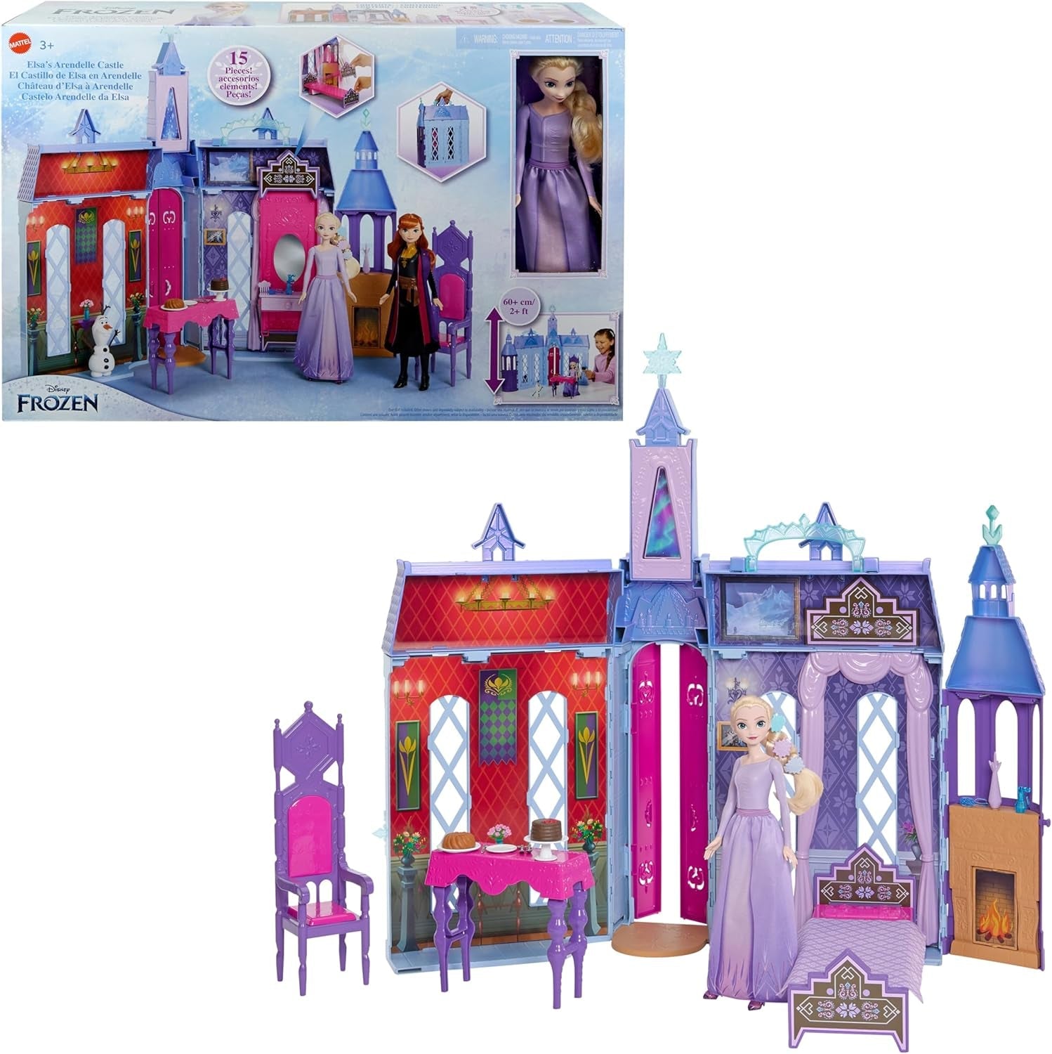 Mattel Disney Frozen - Domek dla lalek Castle Arendelle (60 cm+) z lalką Elsą, 4 place zabaw i 15 mebli i akcesoriów Disney Frozen II, HLW61
