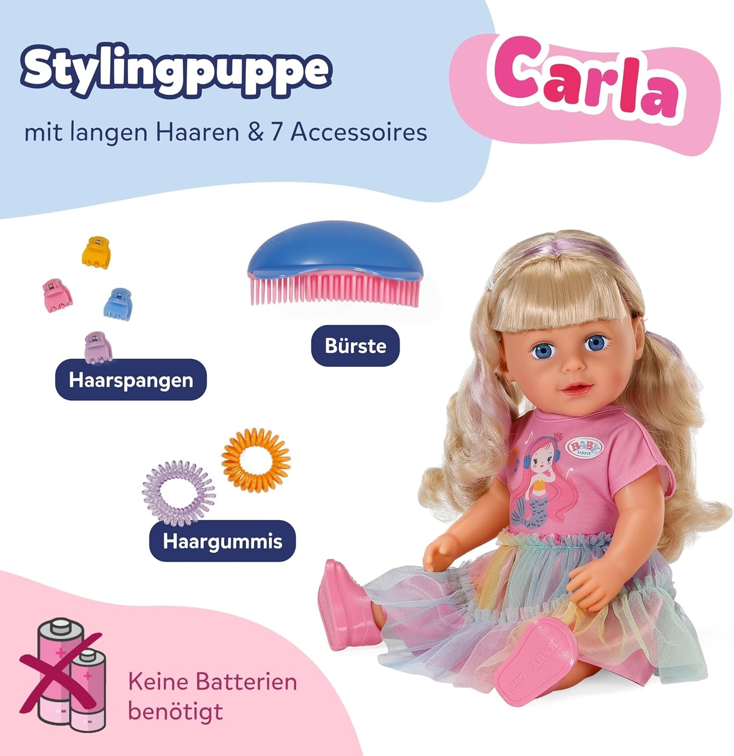 BABY Born Carla - lalka 43 cm - wysokiej jakości blond włosy z pasmami - nie wymaga baterii - odpowiednia dla dzieci od 4 lat - zawiera 7 akcesoriów, różowy