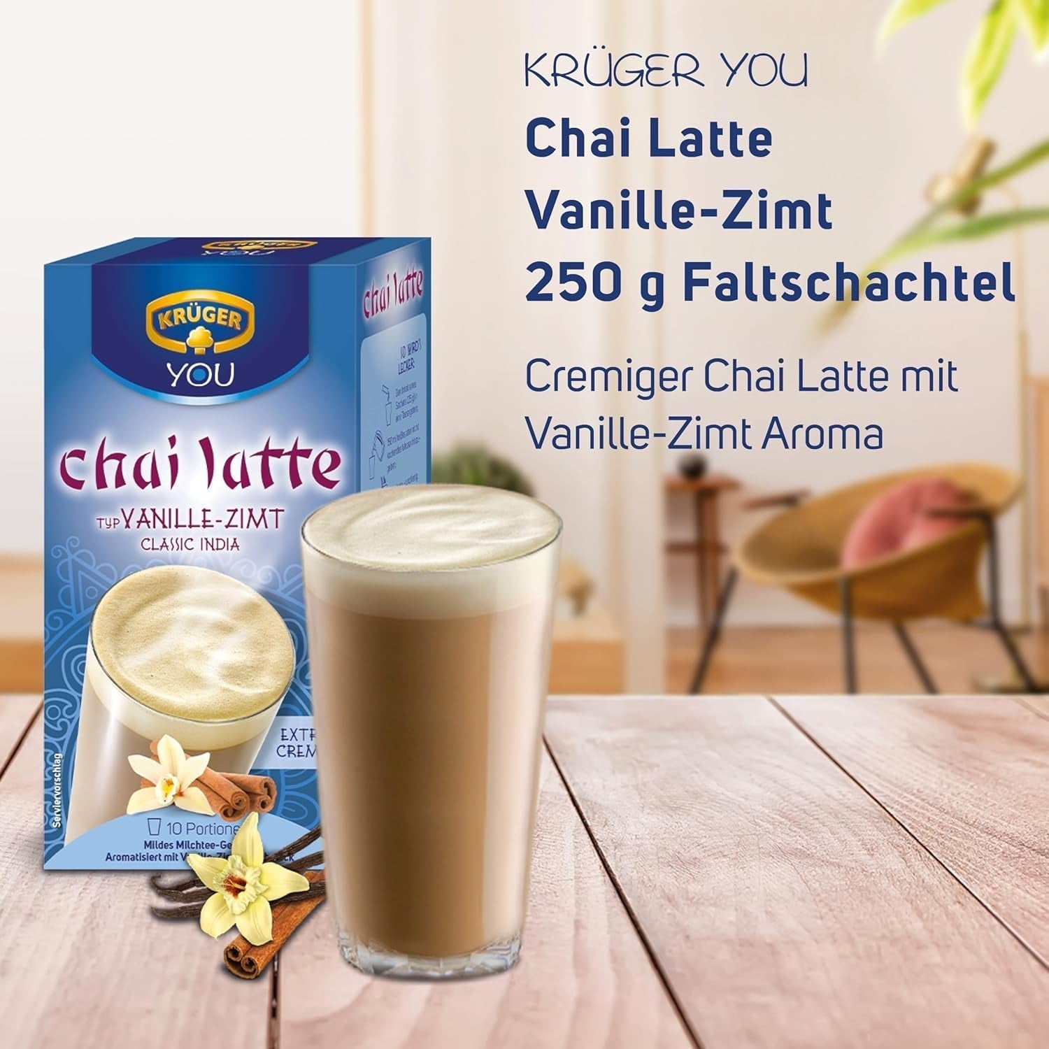 KRÜGER YOU Chai Latte Vanilla Cinnamon, błyskawiczny preparat do napojów mlecznych o smaku wanilii i cynamonu, 250 g (10 saszetek po 25 g)