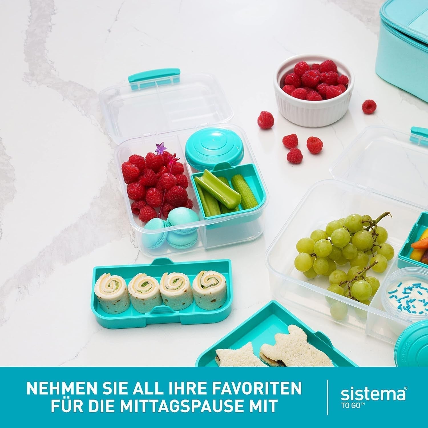 System pojemników na lunch Bento Box TO GO z przegródkami | Pudełko na lunch o pojemności 1,25 l z pojemnikiem na jogurt/owoce | dla dzieci i dorosłych l | Bez BPA Minty Teal [21685-8T], miętowo-zielone Pudełka do przechowywania żywności Naty Shop