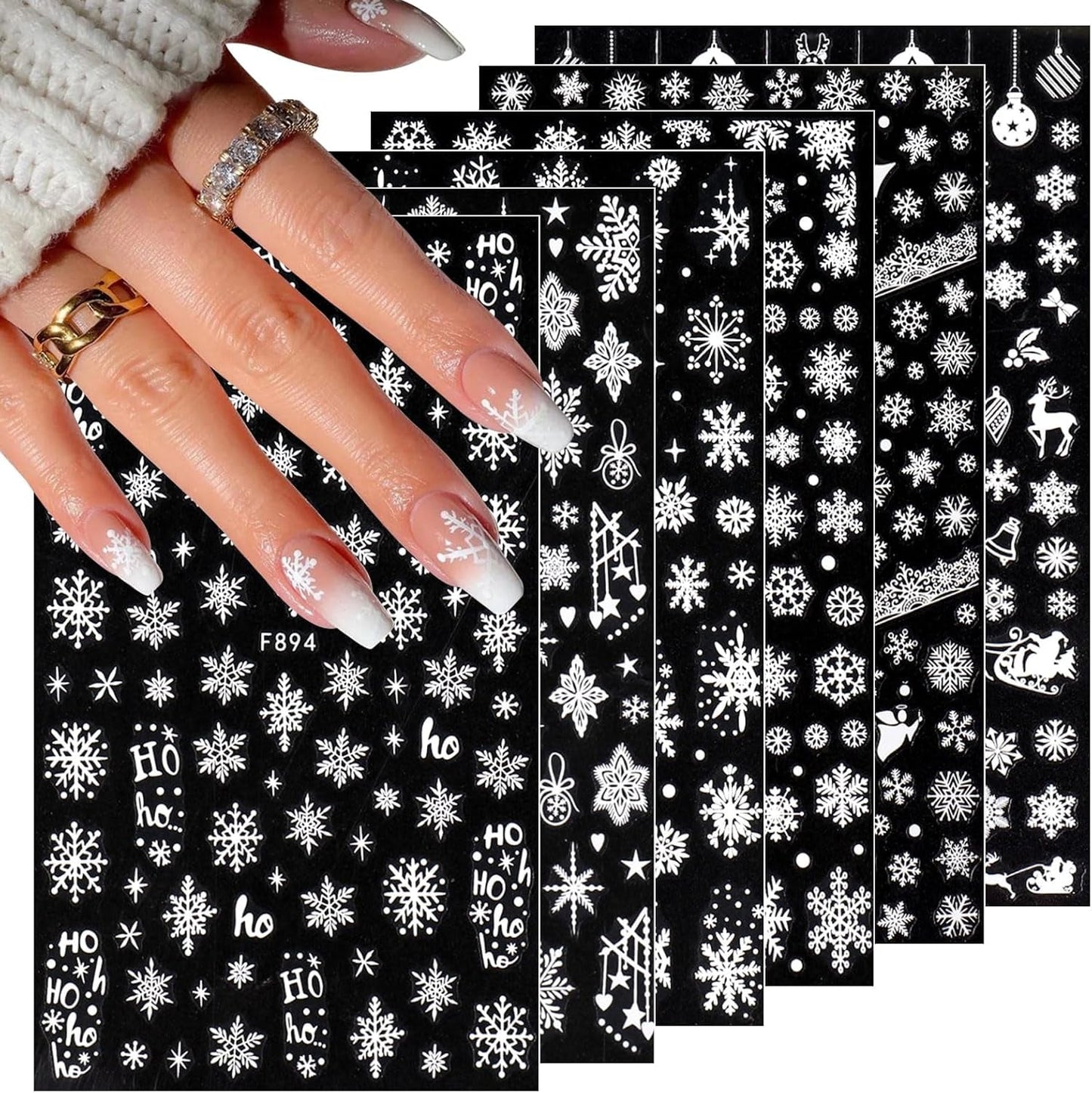 JMEOWIO Nagelsticker Weihnachten 8 Blatt Nagelaufkleber Selbstklebend Weiße Schneeflocken Zimowe naklejki do paznokci Dekoration Nageldesign Zubehör