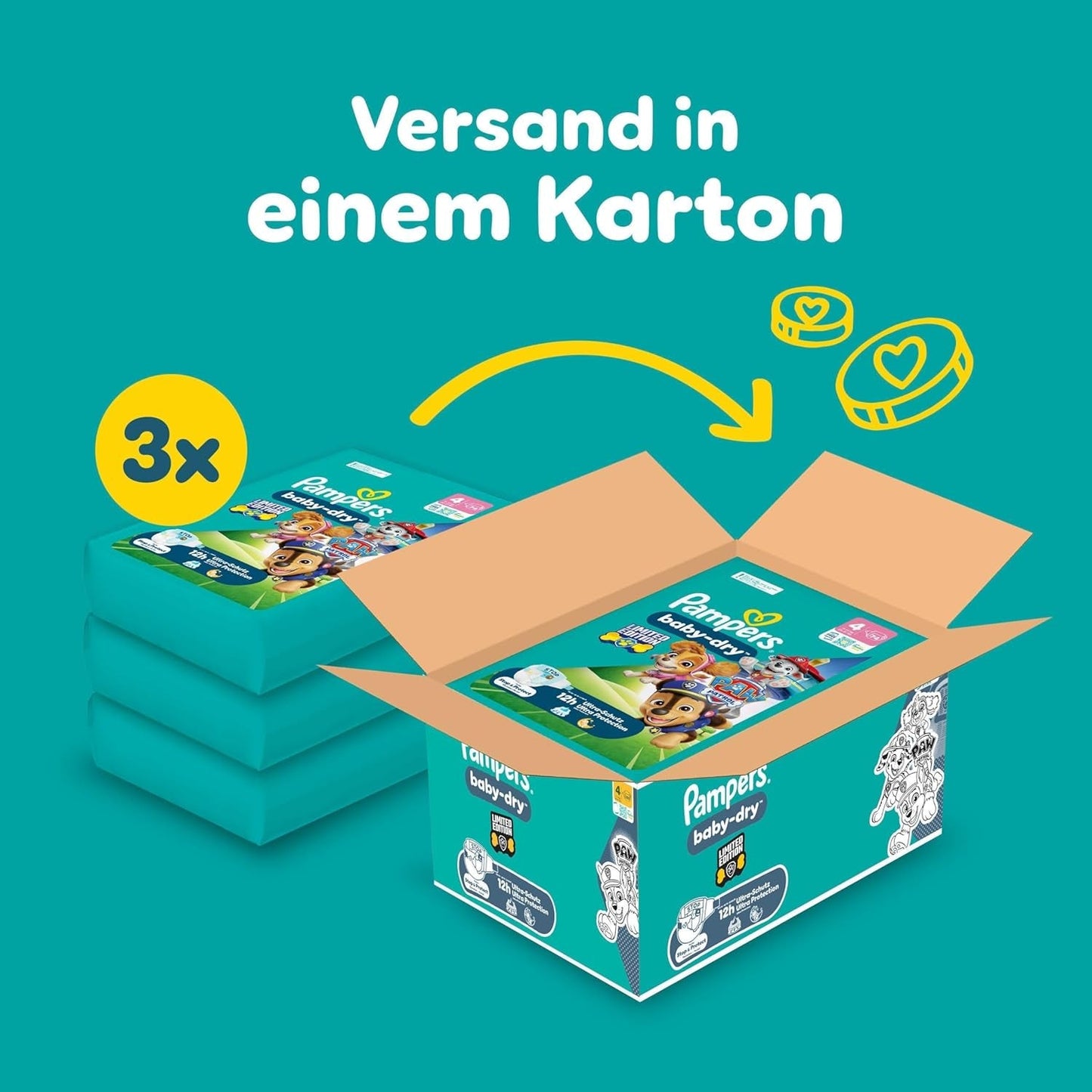 Pieluszki Pampers Baby-Dry Puppy Patrol Edition, rozmiar 4, 222 pieluszki, 9–14 kg, do 100% ochrony przed wyciekami i komfortu przez całą noc