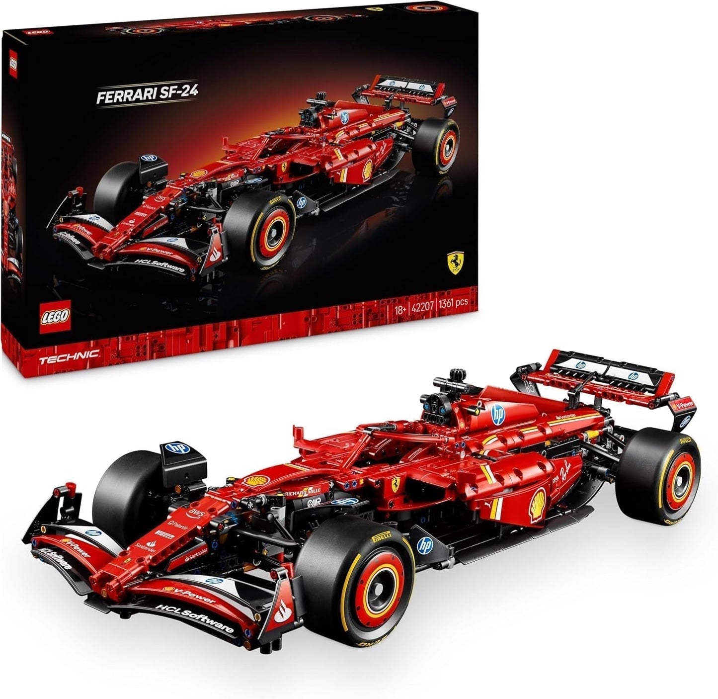 LEGO Technic Ferrari SF-24 F1 Race Car - Model samochodu dla dorosłych - Zestaw kolekcjonerski Formuły 1 - Silnik V6, skrzynia biegów, układ kierowniczy i DRS w skali 1:8 - Prezent dla fanów sportów motorowych i samochodów wyścigowych 42207 Zestawy do budowania Beuche den LEGO-Store Domyślny tytuł