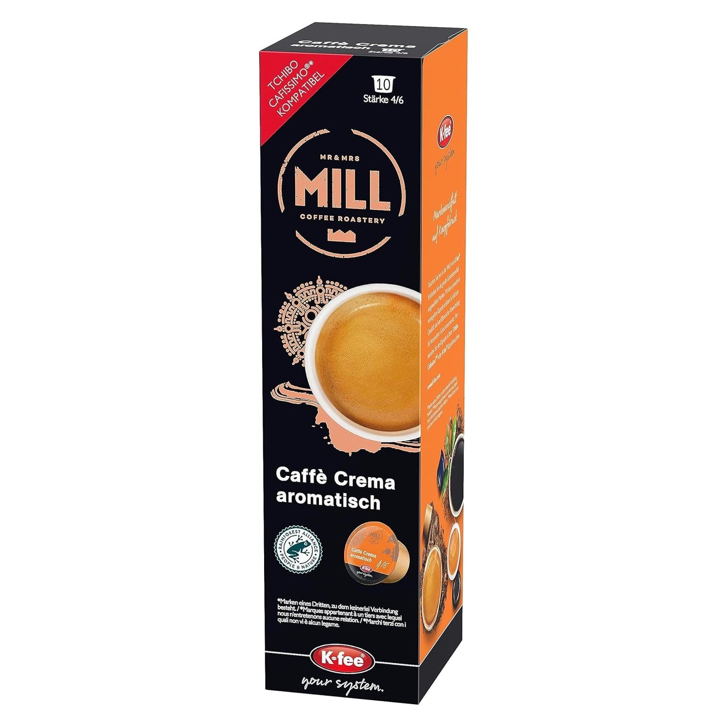 Mr & Mrs Mill Caffè Aromatisch crema, kompatybilna z K-fee i Tchibo Cafissimo*, Stärke 4/6, 120 kapsułek z kawą