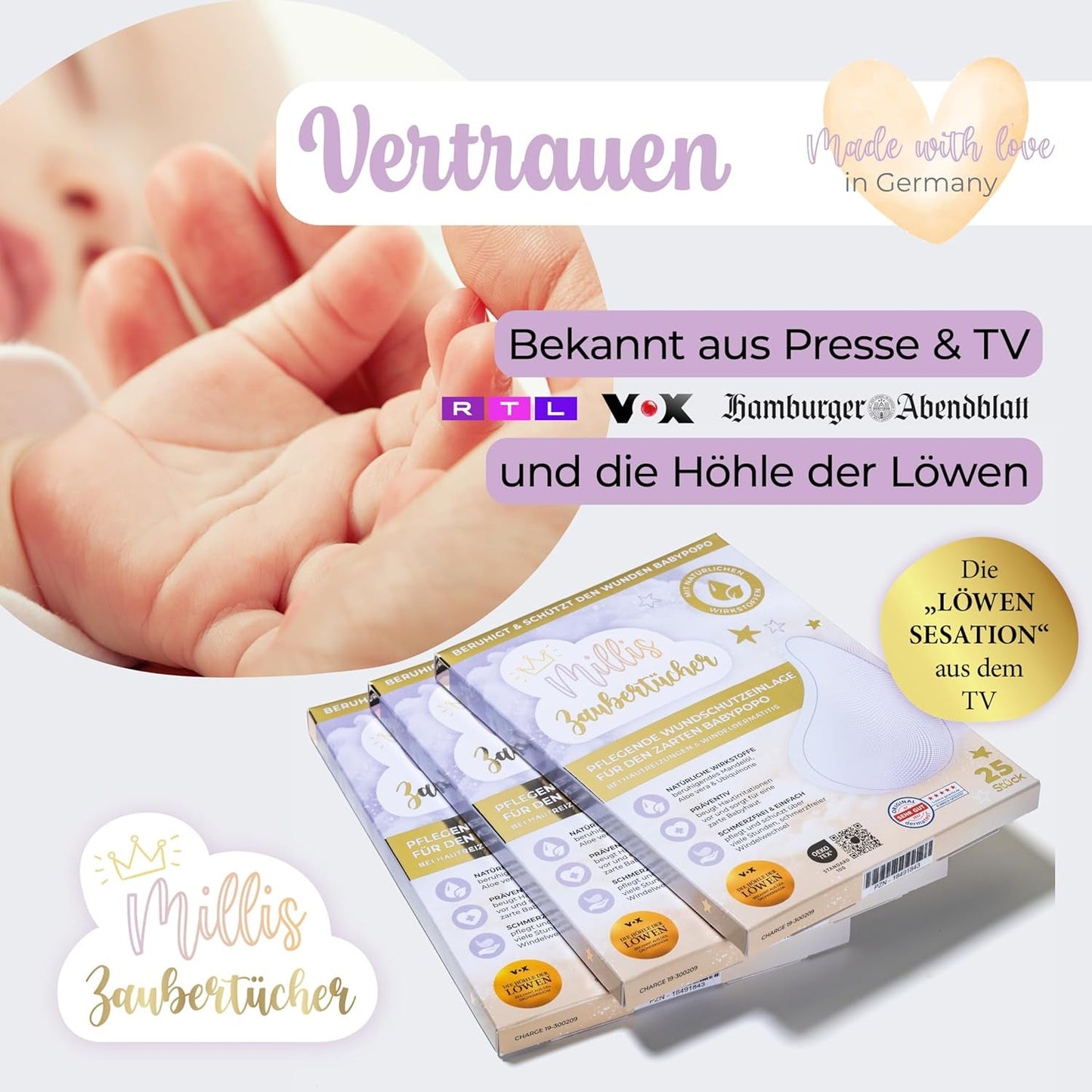 Millis Zaubertücher bei Windedermatitis Baby, Bekannt aus „Die Höhle der Löwen”, 25 Tücher (1 x 25er) z Aloe Vera, Mandelöl i Q10 - Pflegt, Schützt i dient als Wundschutz bei gereizter Haut