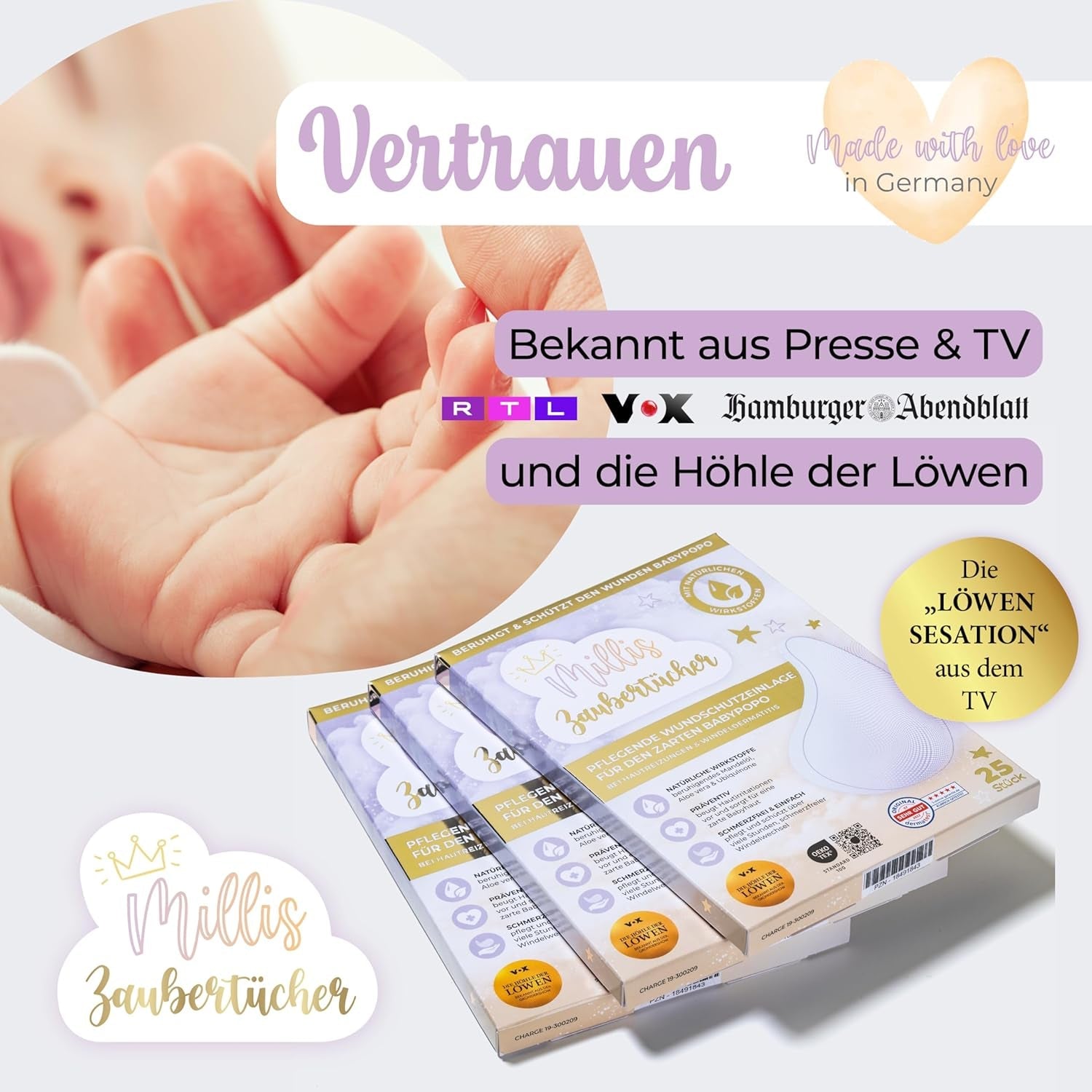 Millis Zaubertücher bei Windedermatitis Baby, Bekannt aus „Die Höhle der Löwen”, 25 Tücher (1 x 25er) z Aloe Vera, Mandelöl i Q10 - Pflegt, Schützt i dient als Wundschutz bei gereizter Haut