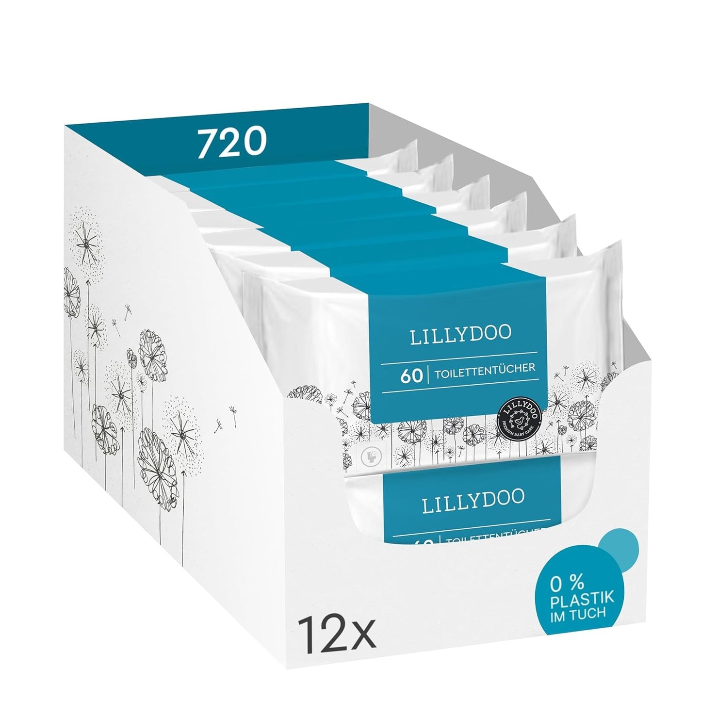 LILLYDOO Chusteczki toaletowe 720 szt. (12 x 60) Chusteczki do spłukiwania w 100% bez plastiku, bezzapachowe