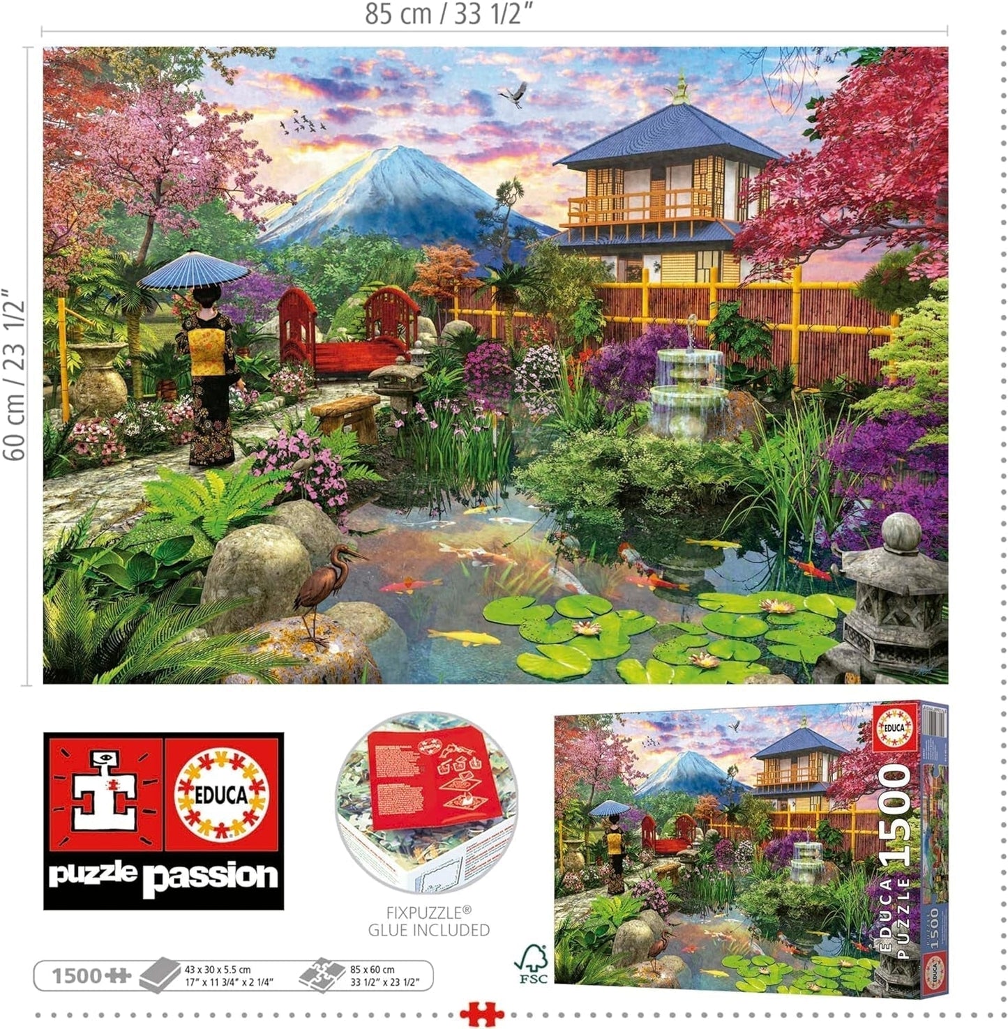 Educa - Puzzle 1500 elementów dla dorosłych | Ogród Japoński. Wymiary: 85 X 60 cm. Zawiera klej do puzzli Fixpuzzle. Przez 14 lat (19937) Sklep Puzzle Naty