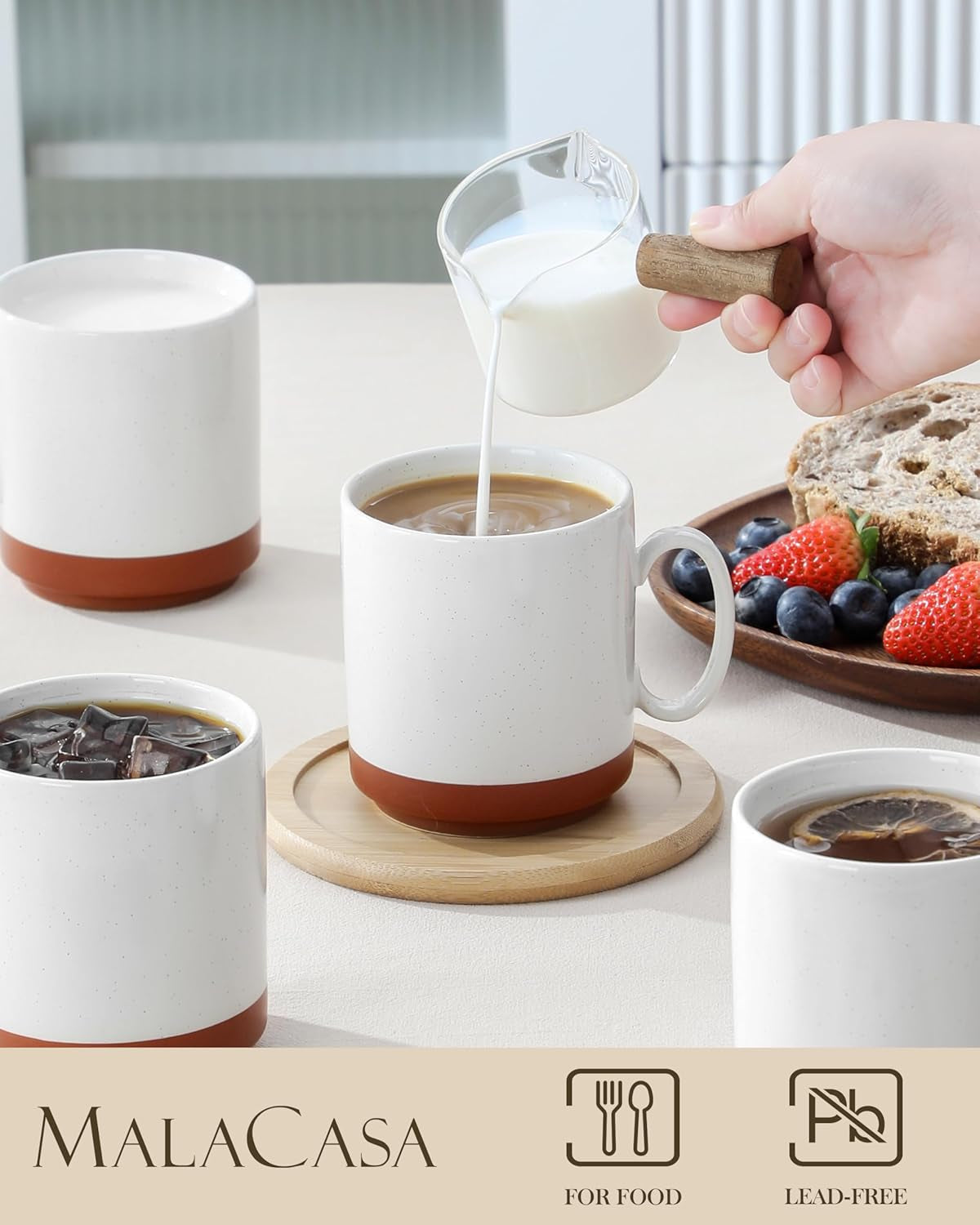 Zestaw kubków do kawy MALACASA, zestaw kubków kamionkowych 350ml dla 4 osób, nowoczesne kubki do kawy do herbaty, soku, latte, cappuccino, gorącej czekolady. Można myć w zmywarce i używać w kuchence mikrofalowej, seria TARA, kolor khaki biały